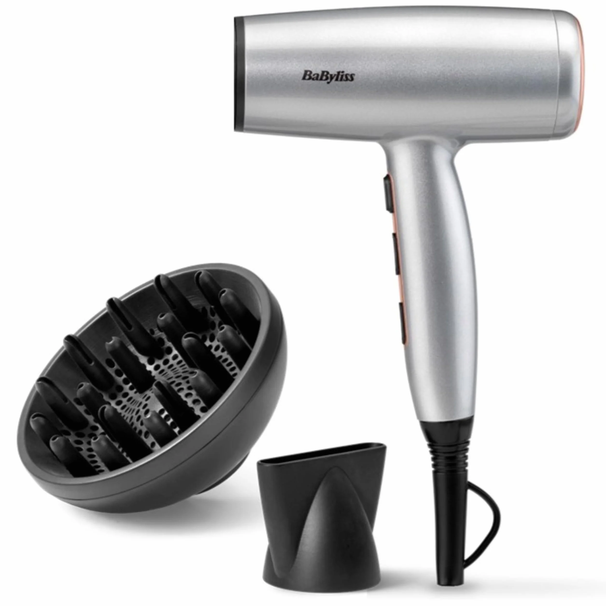 BaByliss Sèche-Cheveux Cosmos avec Diffuseur, Léger – NOUVEAUTÉ 2025, Sèche-cheveux puissant et élégant de 2100W, Technologie ionique anti-frisottis, 3 températures & 2 vitesses, Argenté, D580DE