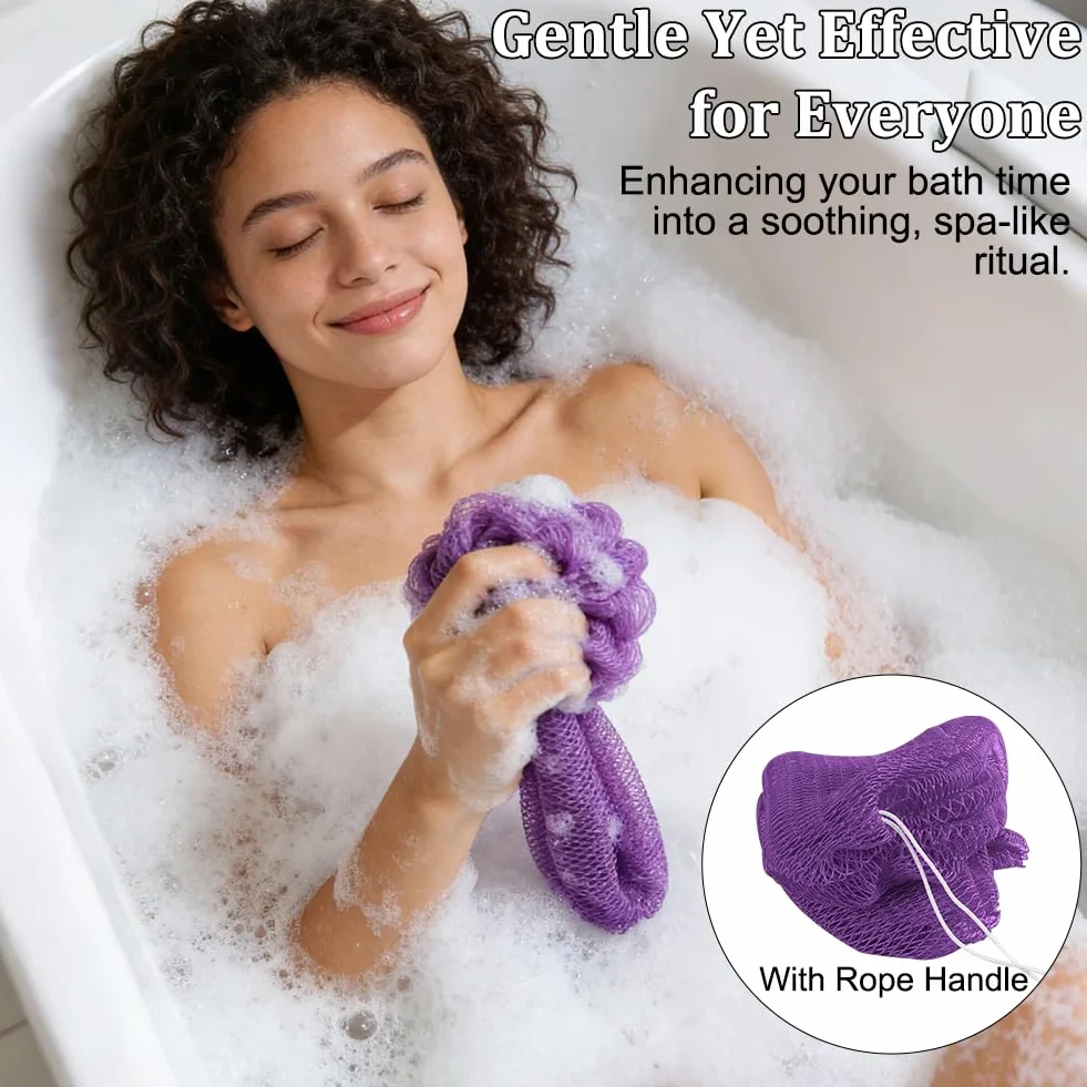 Filet de Douche Africain Exfoliant, Éponge de Gommage Corps Nylon Séchage Rapide, 2 Pièces Rose Clair Violet Foncé