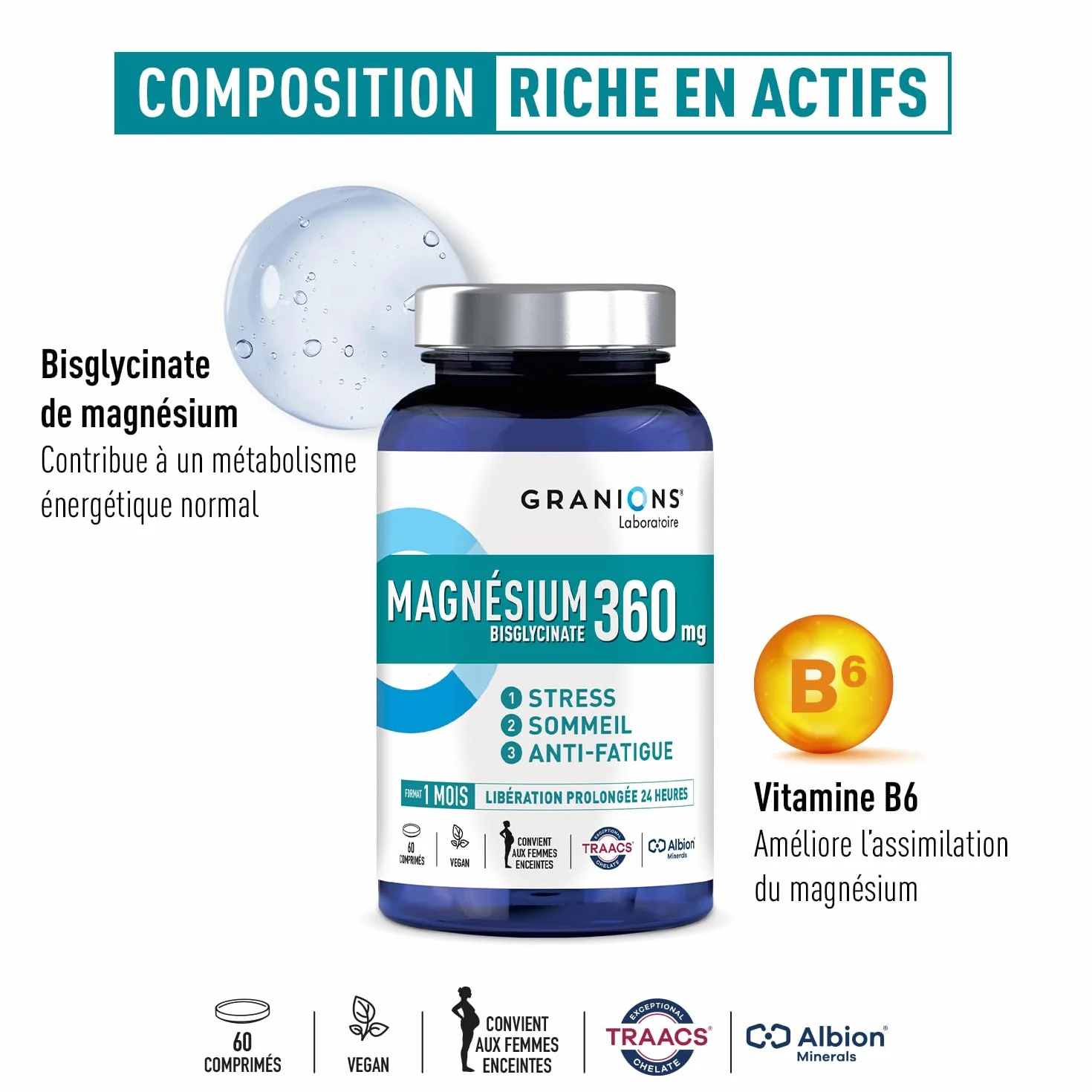 MAGNESIUM BISGLYCINATE 360 MG GRANIONS Magnesium Fort Dosage Vitamine B6 Anti Stress Adulte 60 Comprimés