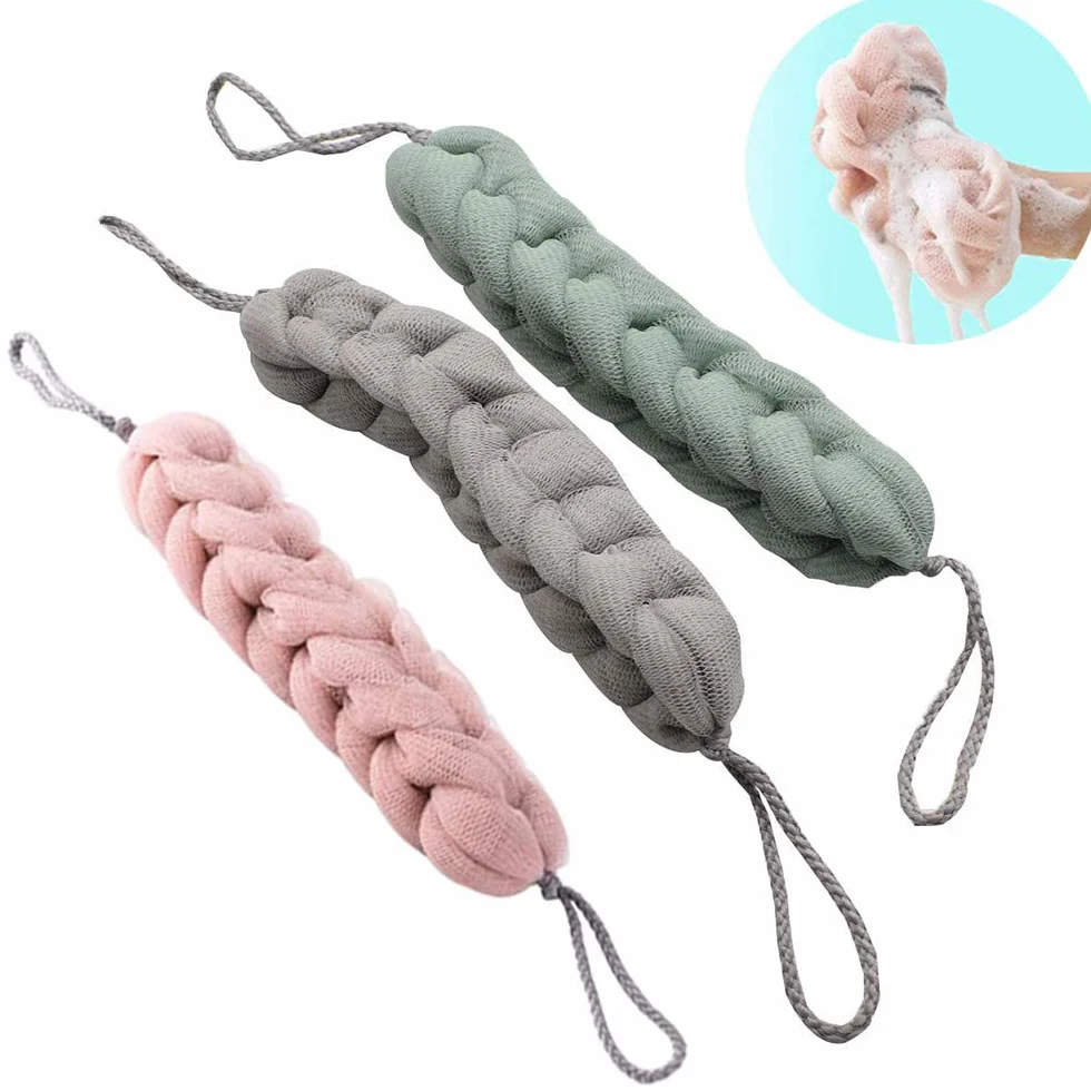 Eponge de Douche Maille 3 Pièces, Eponge de Bain Epurateur de Dos, Tresses Extensibles pour Gommage Corps
