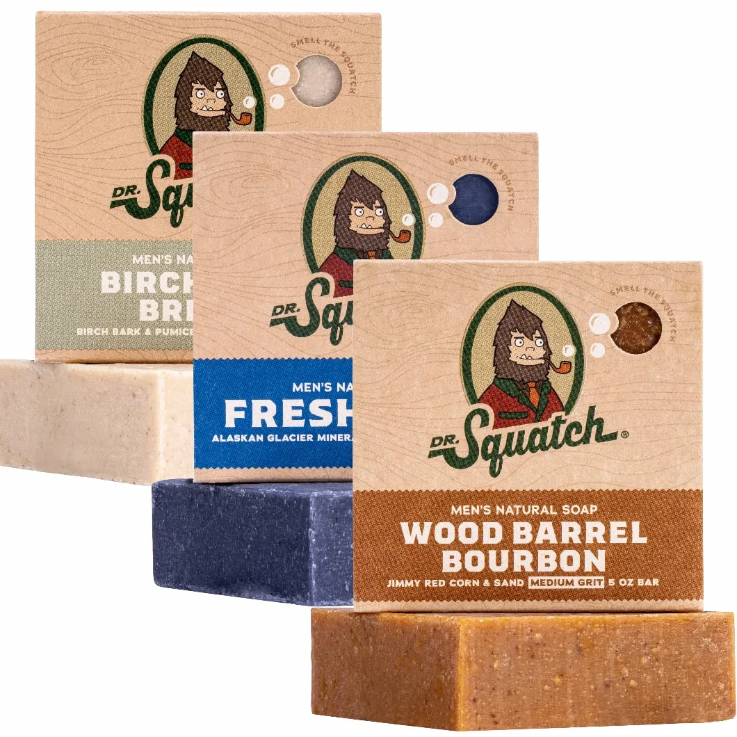 Dr. Squatch Savon naturel pour homme - Lot de 3 - Brise en bois de bouleau - Cascades fraîches - Baril en bois Bourbon