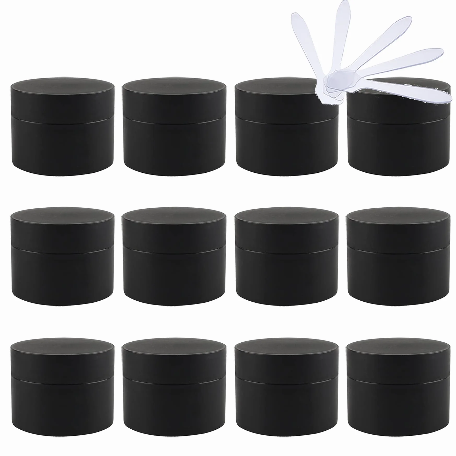 12 Pièces Vides Petit 30 ml Noir Mat Cosmétique Pot en Plastique avec Couvercle 30 g Pots de Cosmétique Crème de Contenant pour des Produits Cosmétiques avec 6x Spatules