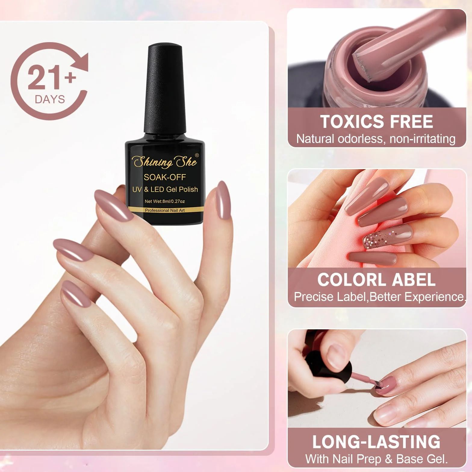 Shining She Vernis Semi Permanent Rose 6 Couleurs Beige Rose Nude Marron Gel UV Soak Off 8ml