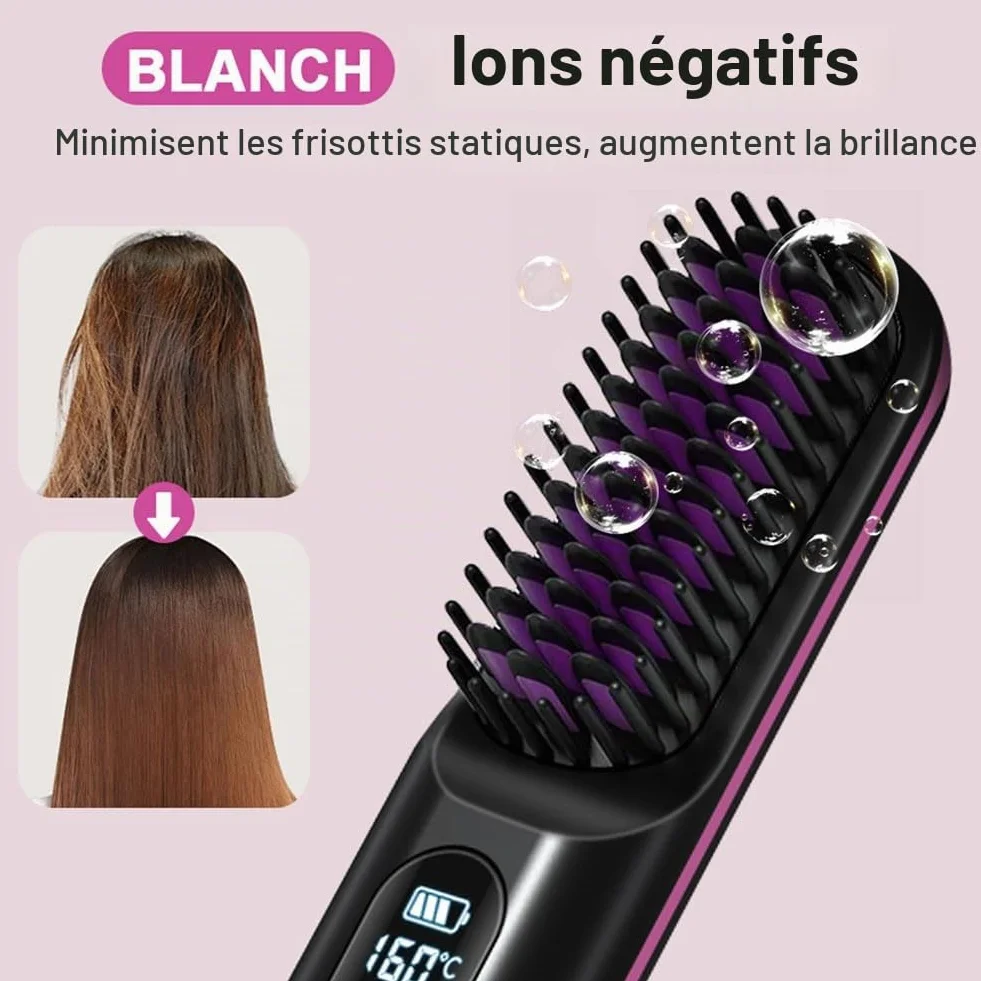 Brosse à Cheveux électrique sans fil Rechargeable Chauffante avec affichage LED 3 Niveaux de Température Lisser Boucler