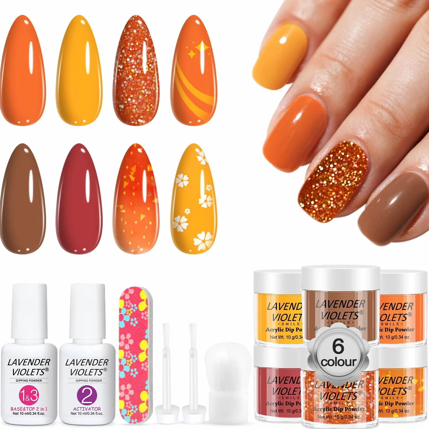 Lavender Violets 6 Couleurs Acrylique Trempage Poudre Système French Nail Art Manucure 2 En 1 Base Activateur Vernis Finition Brosse Lime