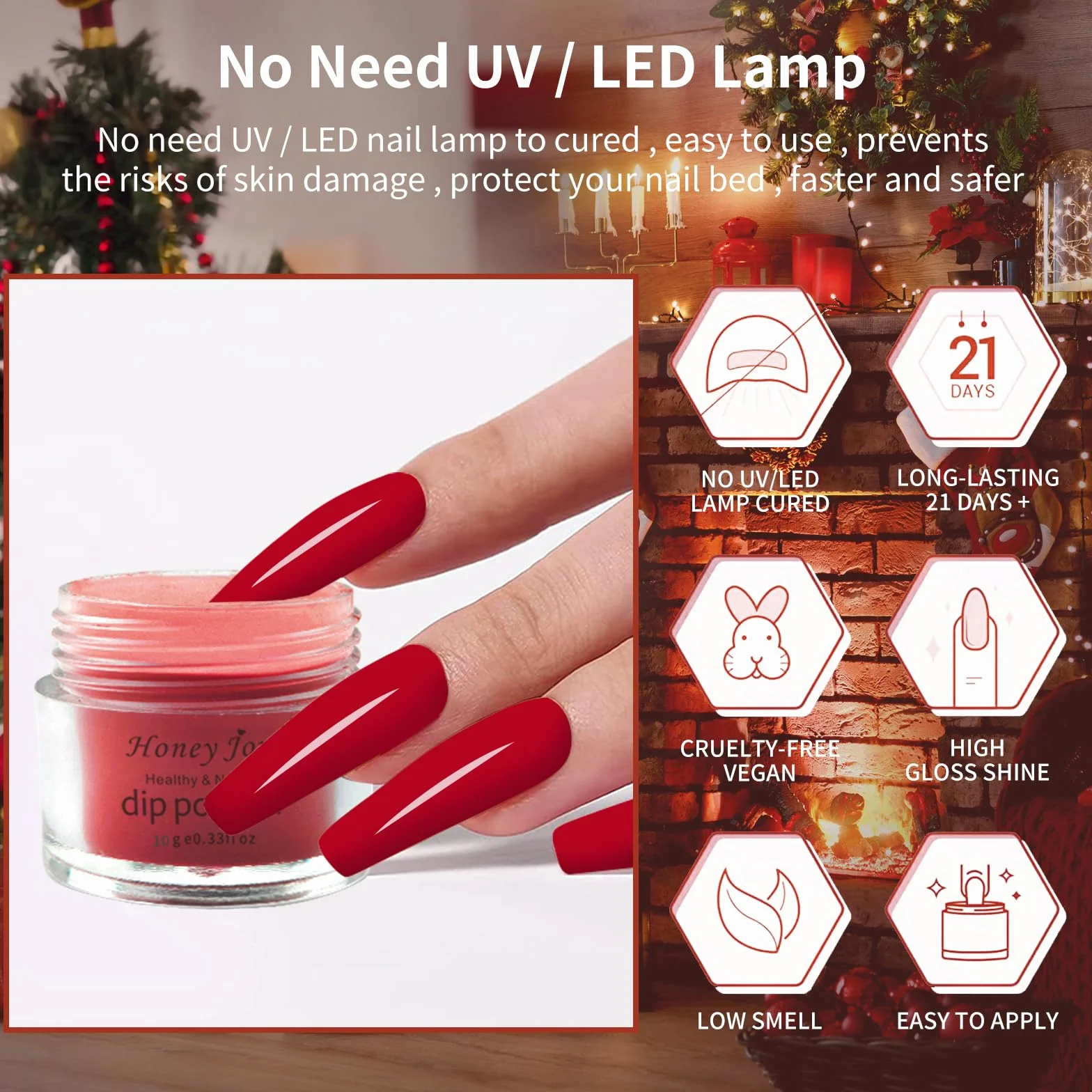 Honey Joy Lot de 6 boîtes Poudre de Trempage Rouge Vin Pailleté Rouge Grange Finition Uniforme Sans Lampe 10g