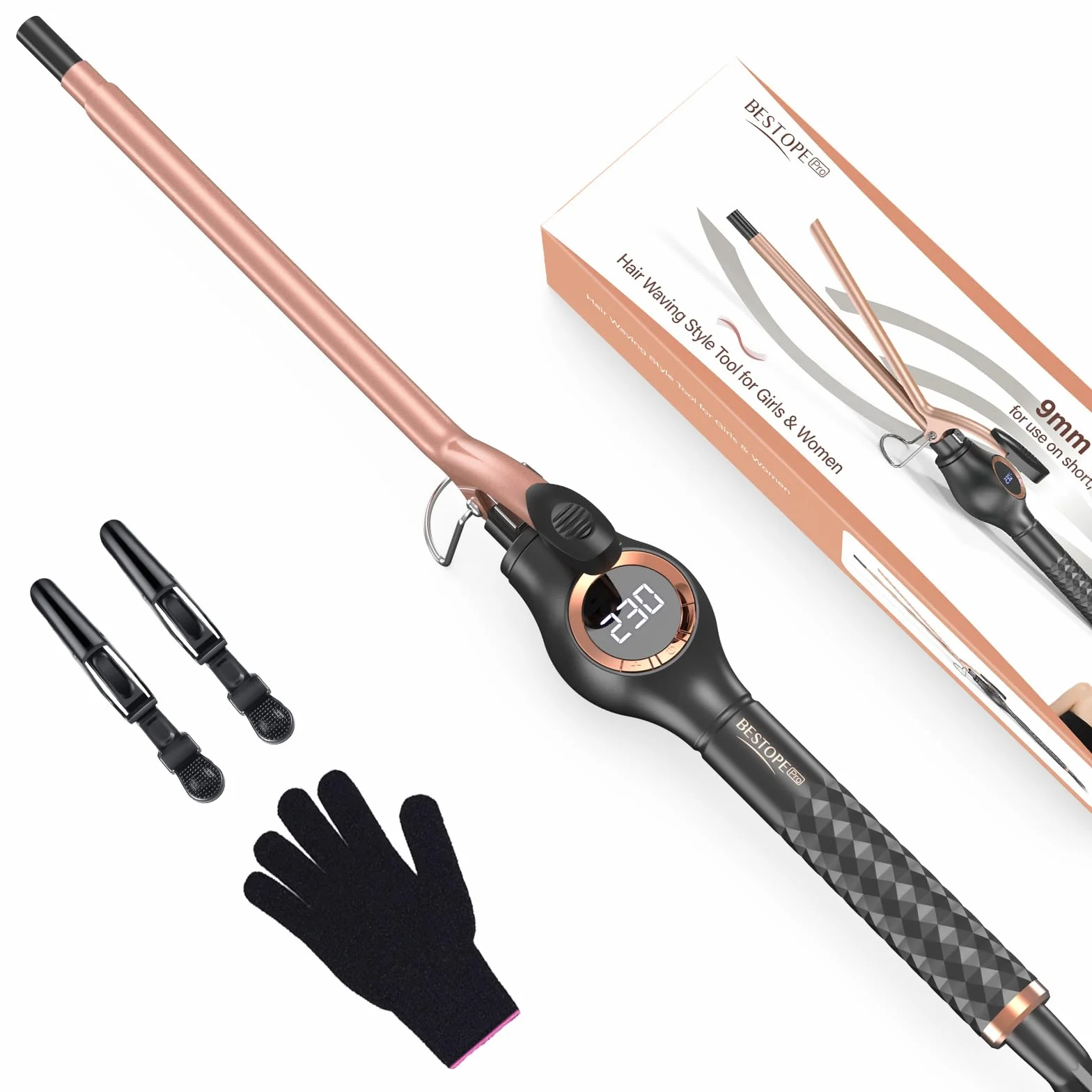 BESTOPE PRO Fer à Boucler 9mm Boucleur à Cheveux pour Petites Boucles, Boucleur Prolongé avec Chauffage Rapide et Écran LCD, Multi-Températures