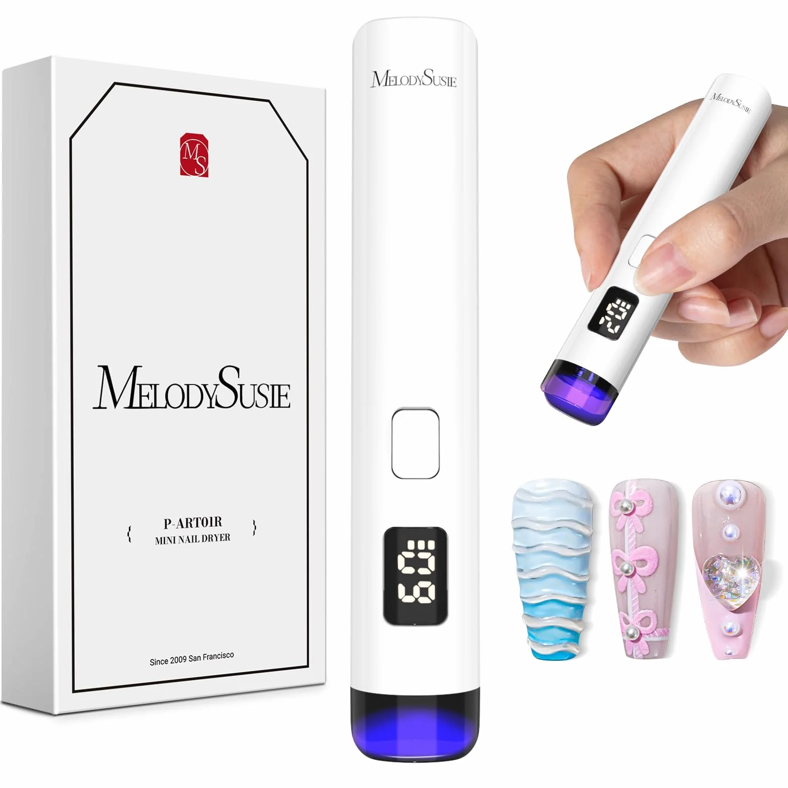 MelodySusie Mini Rechargeable UV Gel Nail Lamp 2 Timers LED Display White
