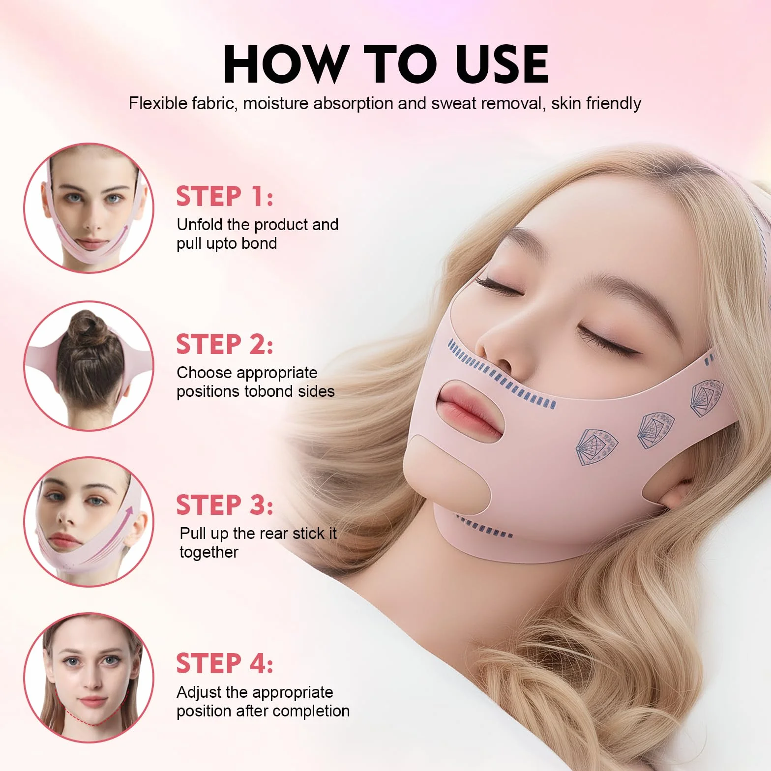 Masque Visage Réutilisable en V, Gaine Amincissante Double Menton, Lifting Visage Raffermissement, Rose