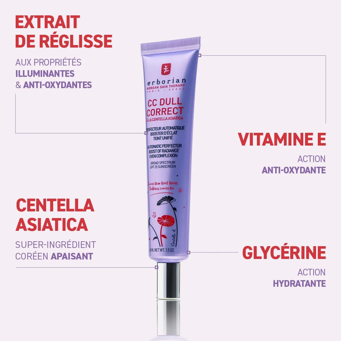 Erborian CC Dull Correct Soin Perfecteur Automatique de Teint Centella Asiatica Booster Éclat Illuminateur Peau Unifiée Crème Visage