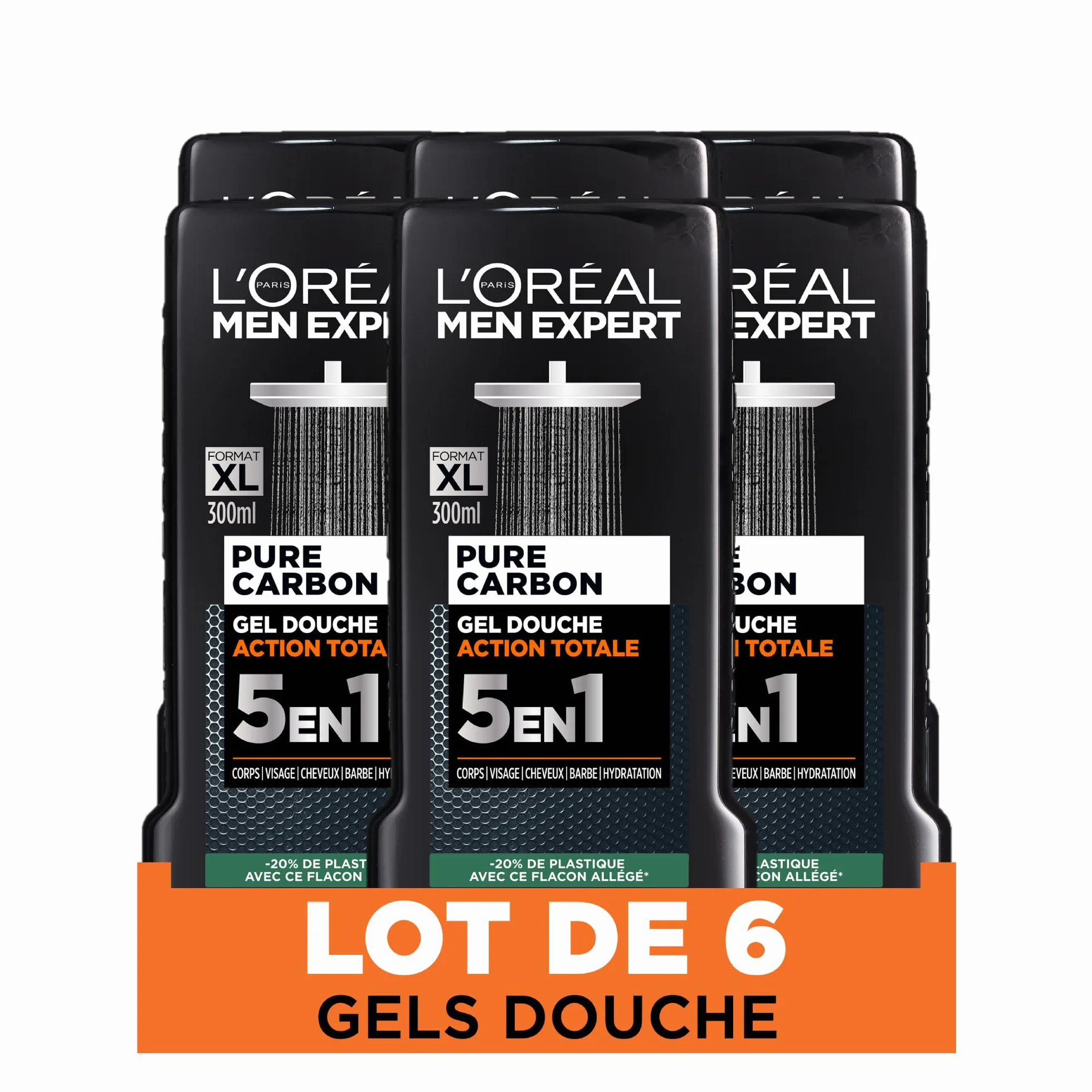L'Oréal Paris Men Expert Pure Carbon Gel Douche 5en1 300ml Lot de 6 | Pouvoir carbone, Action totale corps cheveux visage, Impeccable tête aux pieds, Un seul geste, Gamme Pure Carbon