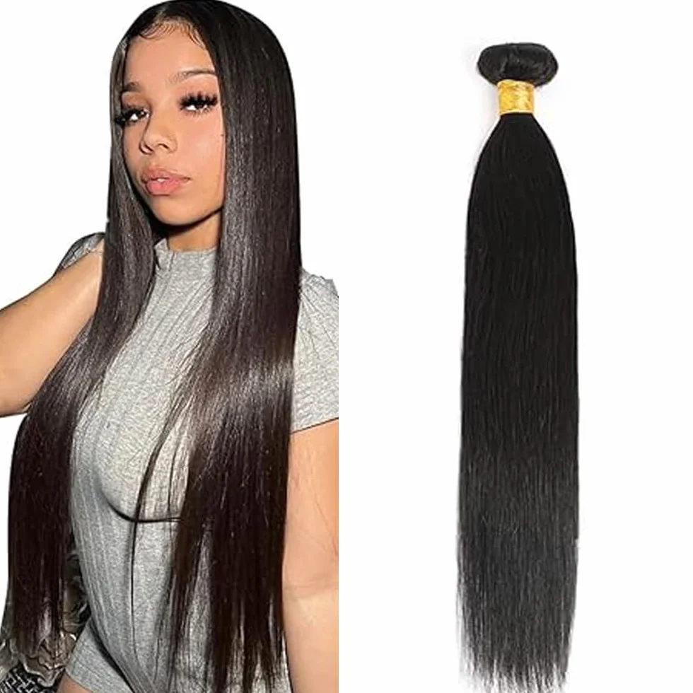 26 Inch Straight Cheveux Naturel Hair Extension Human Hair Bundles Unprocessed Brazilian Virgin Hair Double Weft Weave #1B Natural Black Minimal Tangles&Shedding For Women 50g/Bundle