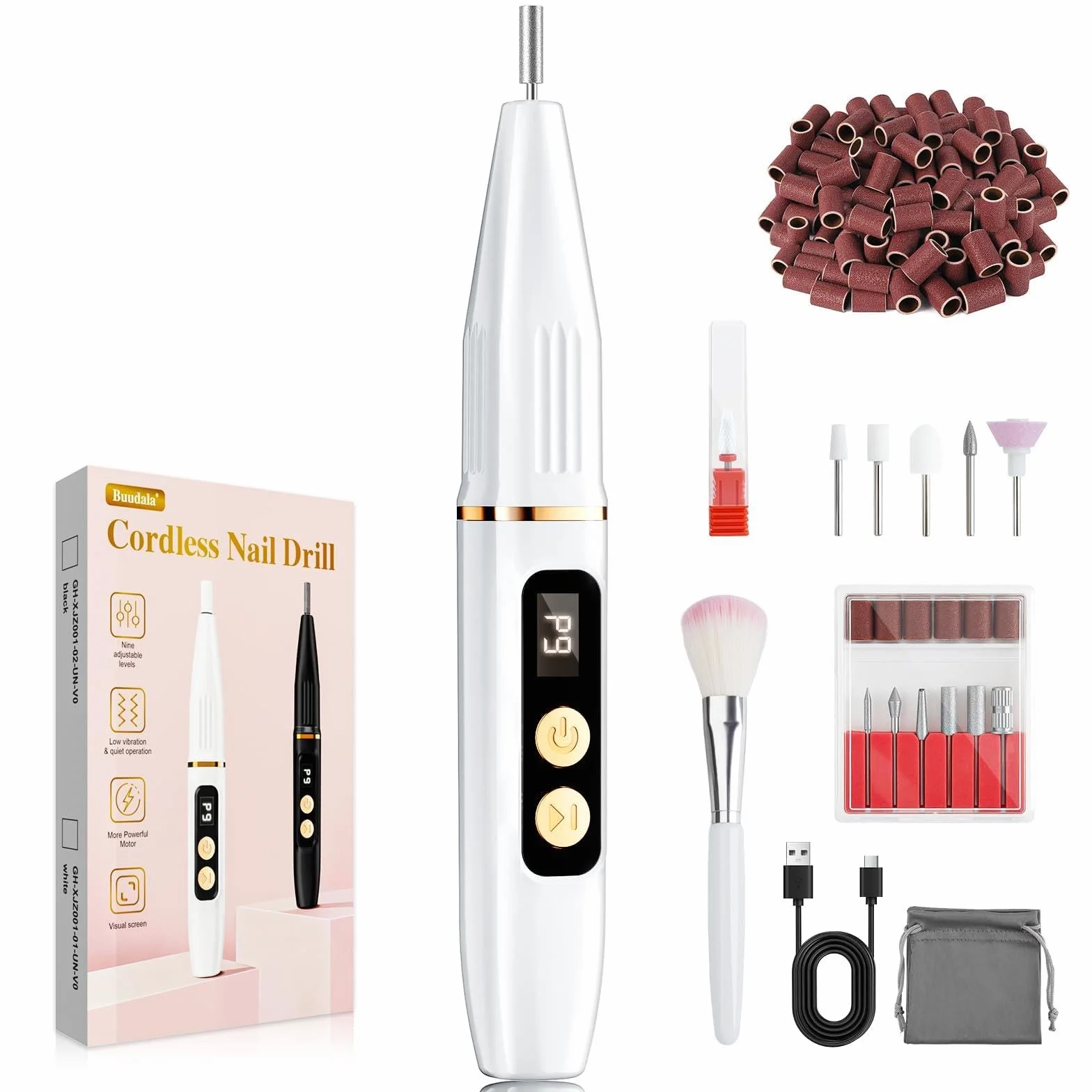 Ponceuse pour Ongles Professionnel 35000RPM Sans Fil, Écran LED LCD, Rechargeable Type-C