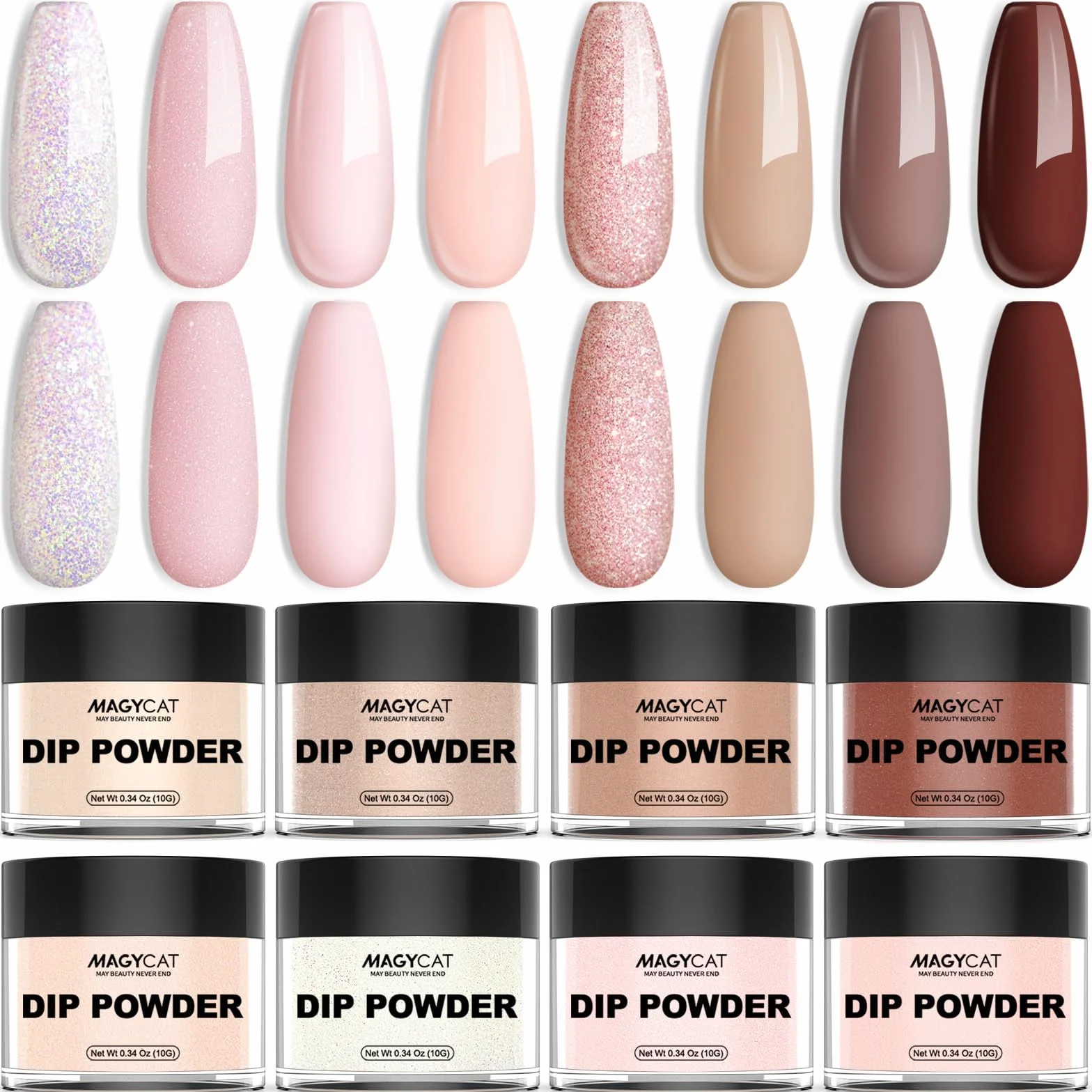 Kit de trempage pour ongles - Lot de 8 poudres - Collection classique nude rose et marron - Pailletée - Sans lampe