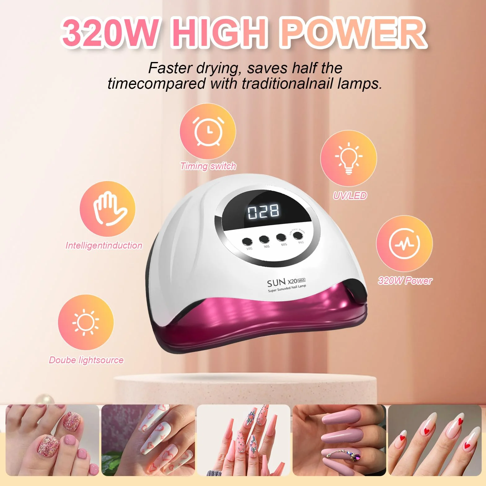 Lampe à ongles UV LED 320 W,lampe professionnelle pour séchage de vernis à ongles avec 72 perles,lampe à ongles UV avec 4 réglages de minuterie,sèche-vernis à ongles avec capteur automatique,écran LCD