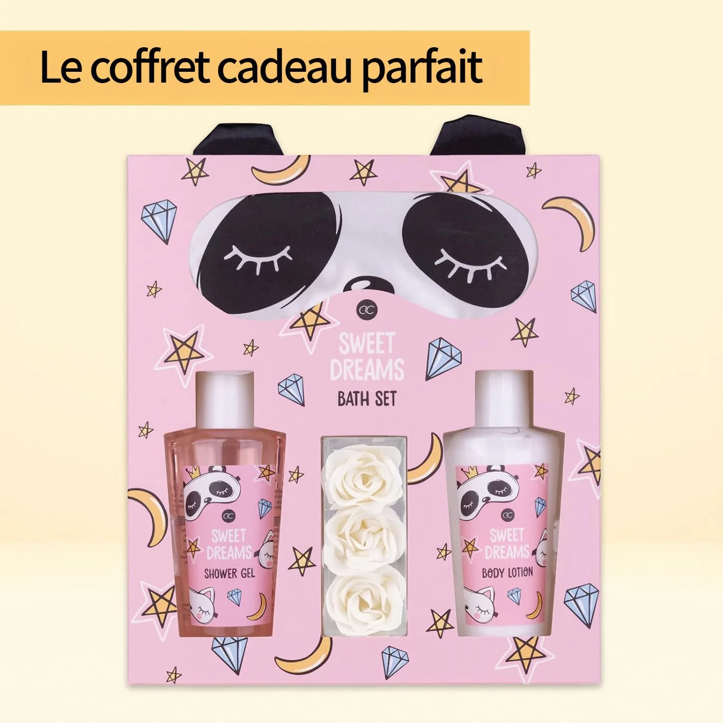 Coffret beauté Sweet Dreams masque de sommeil panda gel douche lotion corps confettis bain rose
