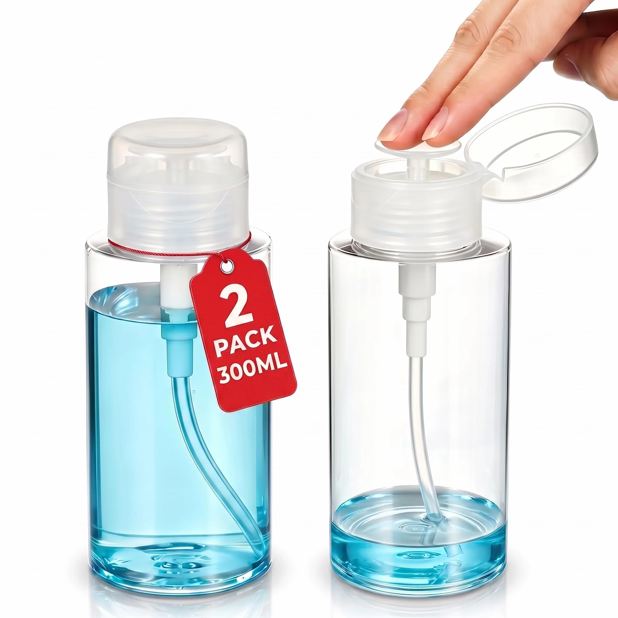 Healeved Lot de 2 Flacon Pompe Vide 300ml, Distributeur Eau Change Bébé et Alcool, Bouteille Doseur Transparent pour Démaquillant Voyage, Rechargeable avec Bouchon pour Soins Quotidiens Et Voyage