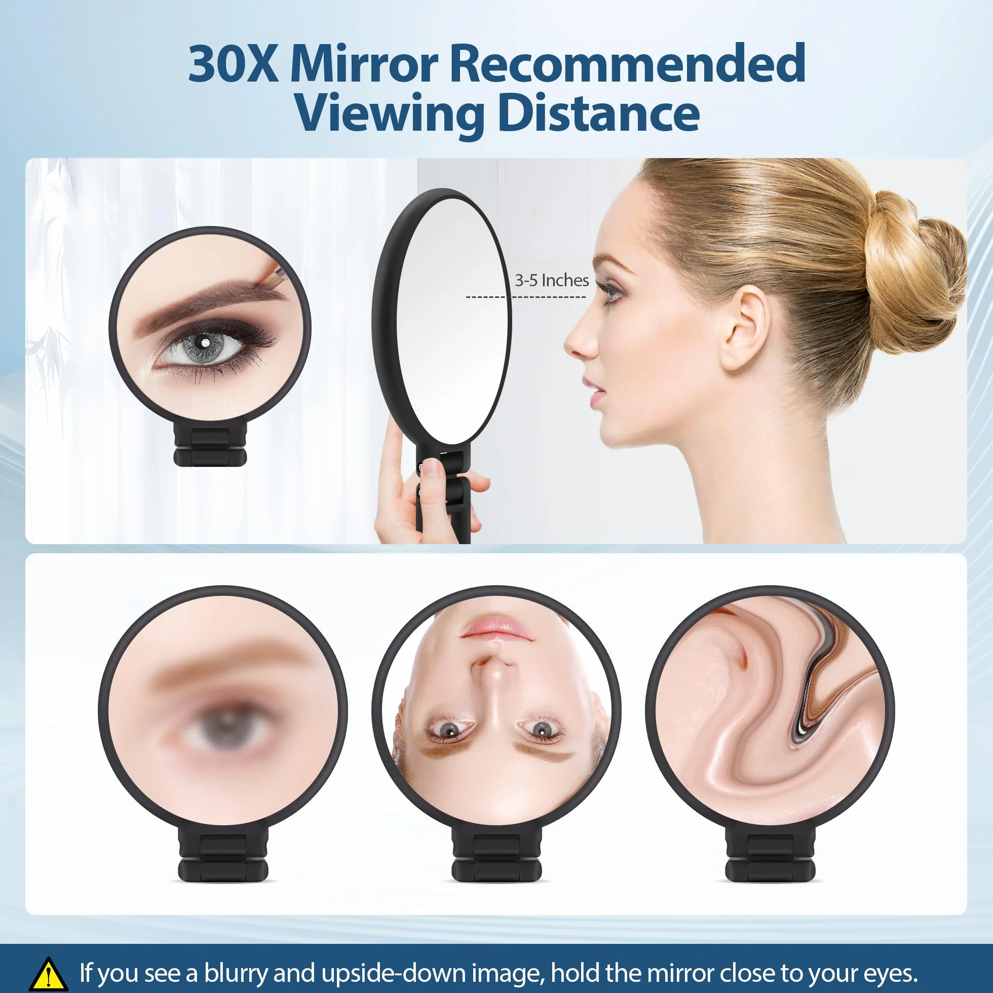 MIYADIVA Miroir grossissant 30X avec poignée - Miroir de Maquillage à Double Face (1X/30X), Pliable & Portable Noir Mat