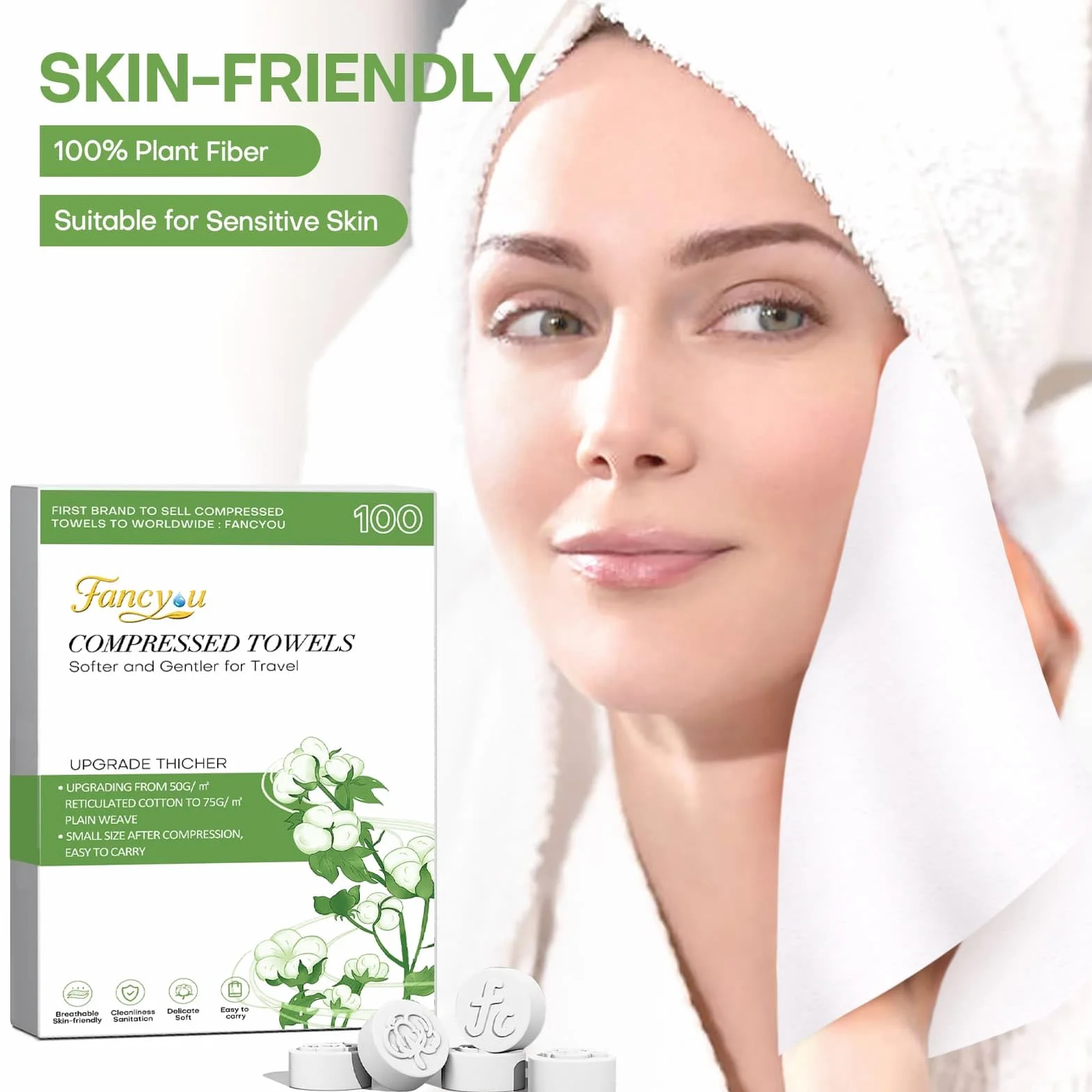 Serviette Compressée Biodégradable Jetable, Lingettes Ultra-douce, Mini Chiffons Absorbant, Torchon Voyage 100 Unité Vert