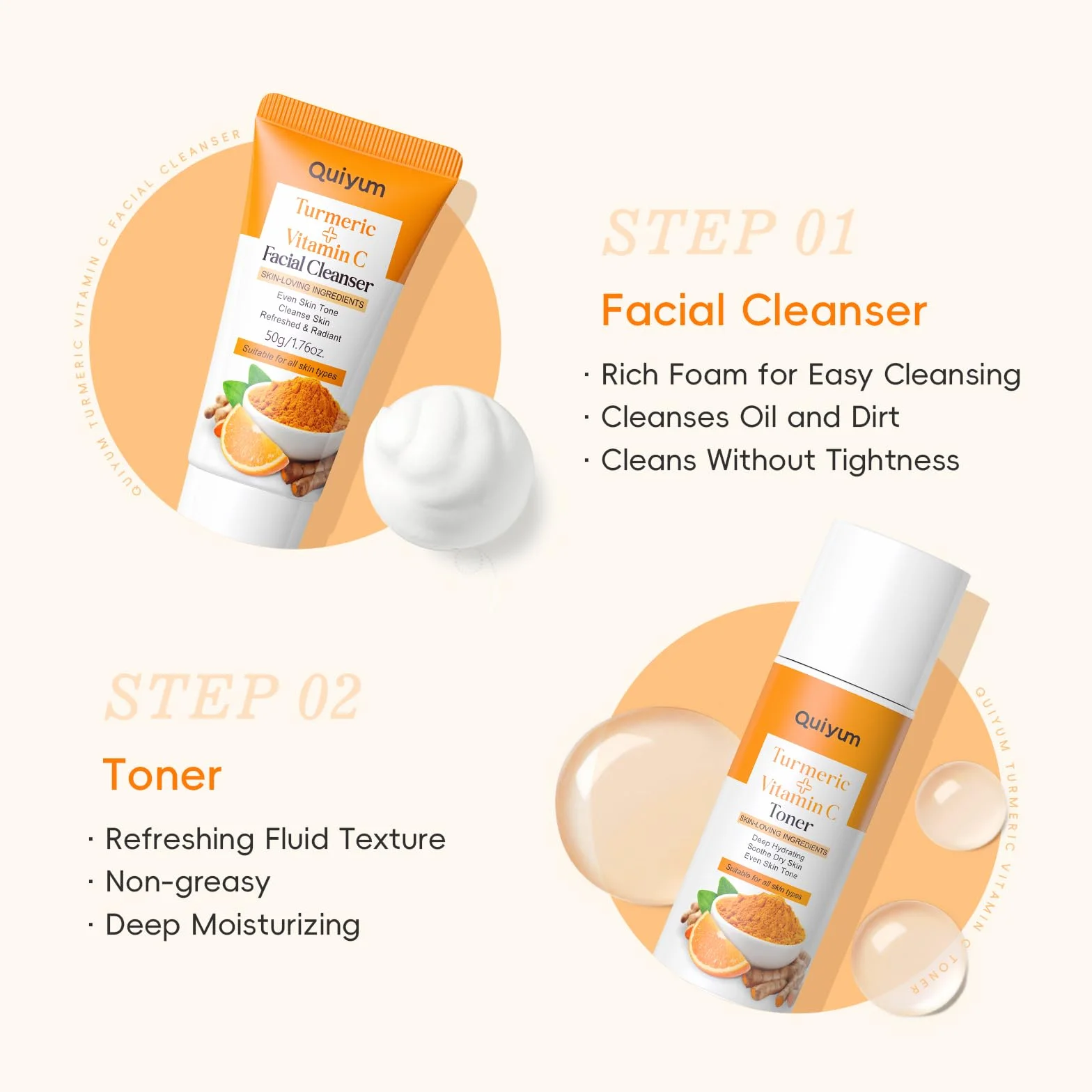 QUIYUM Coffret Soins Visage Curcuma Vitamine C 5 Pièces Hydratant Nettoyant Toner Crème Yeux Essence