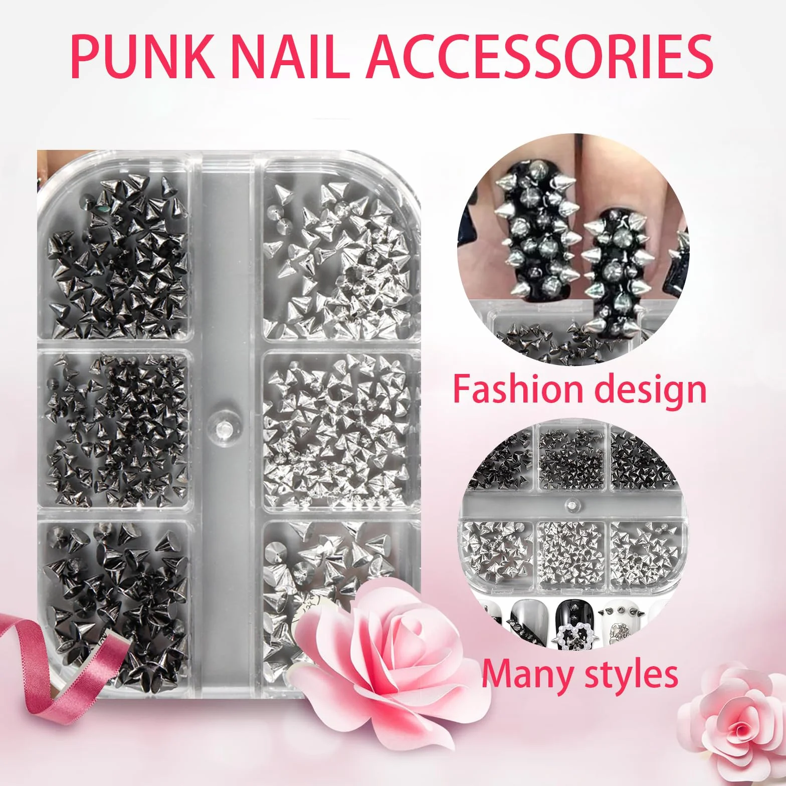Shimmerz Lot de 6 clous métalliques style punk pour ongles, pendentifs 3D gothiques, bijou en alliage