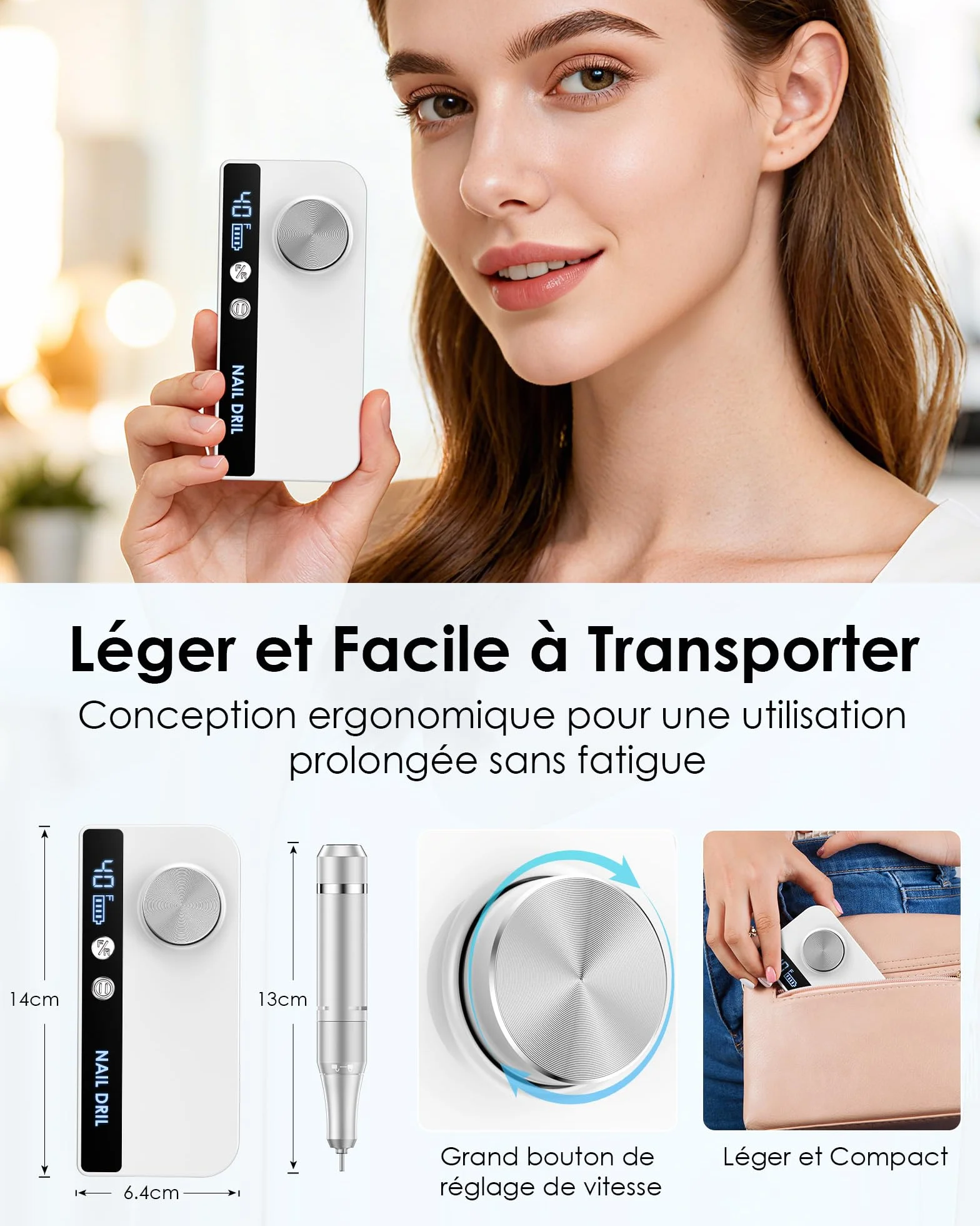Heypappy Ponceuse Pour Ongles, Ponceuse Pour Ongles,Portable Réchargeable | 40000 RPM,16 En 1 Avec Écran LED, Kit De Manucure Pédicure Vitesse Réglable Pour Salon De Beauté & Maison