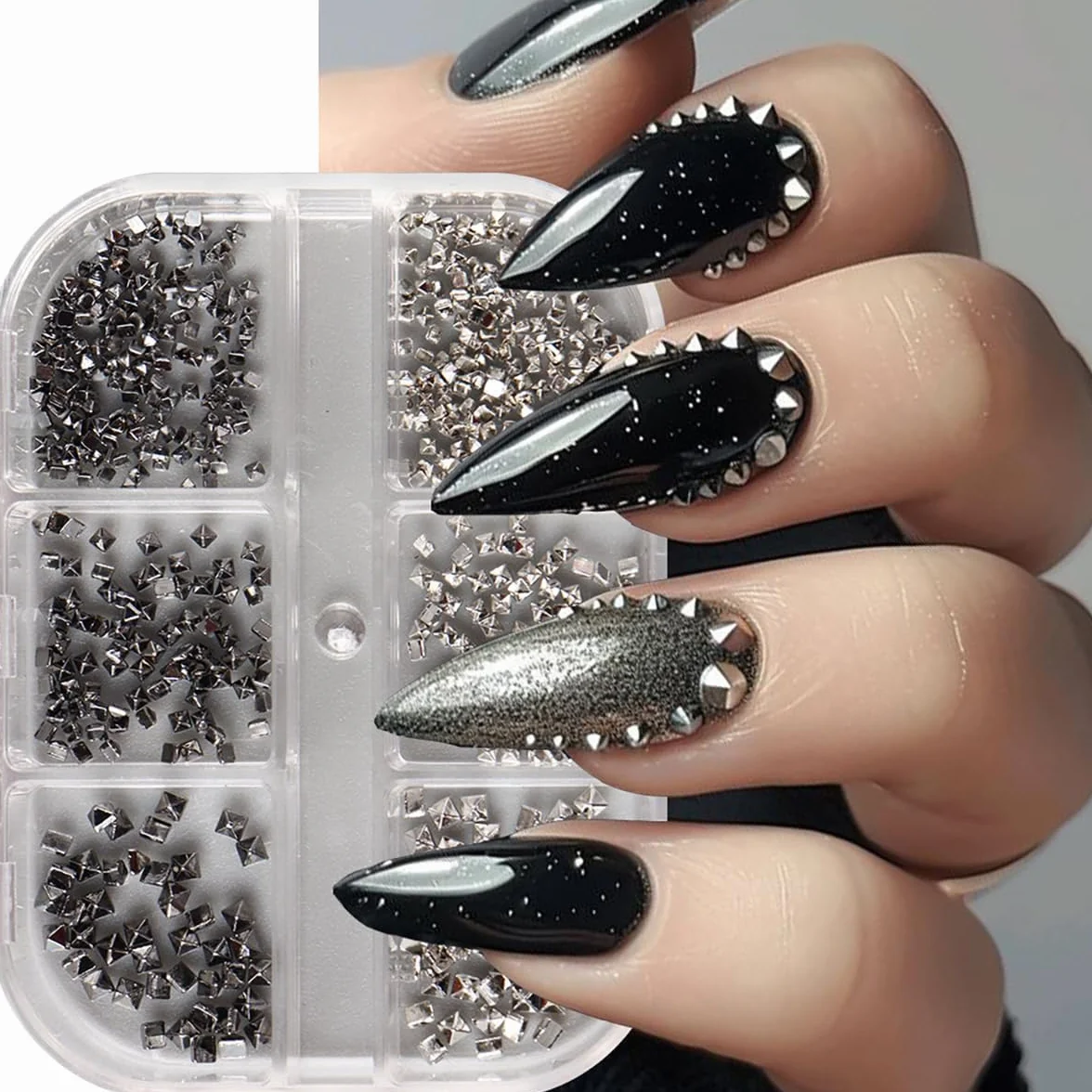 Breloques pour Ongles Rivets Métal Nail Art Noir Argent, 1 Boîte 6 Cellules DIY Fille Dames