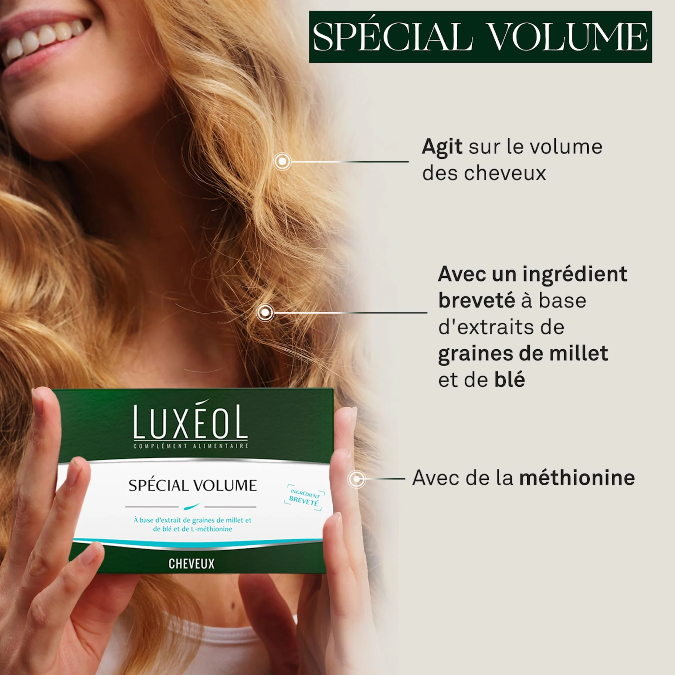 LUXÉOL Spécial Volume Complément Alimentaire Brillance Blé Millet L-Méthionine Programme Cheveux 15 Jours 30 Capsules