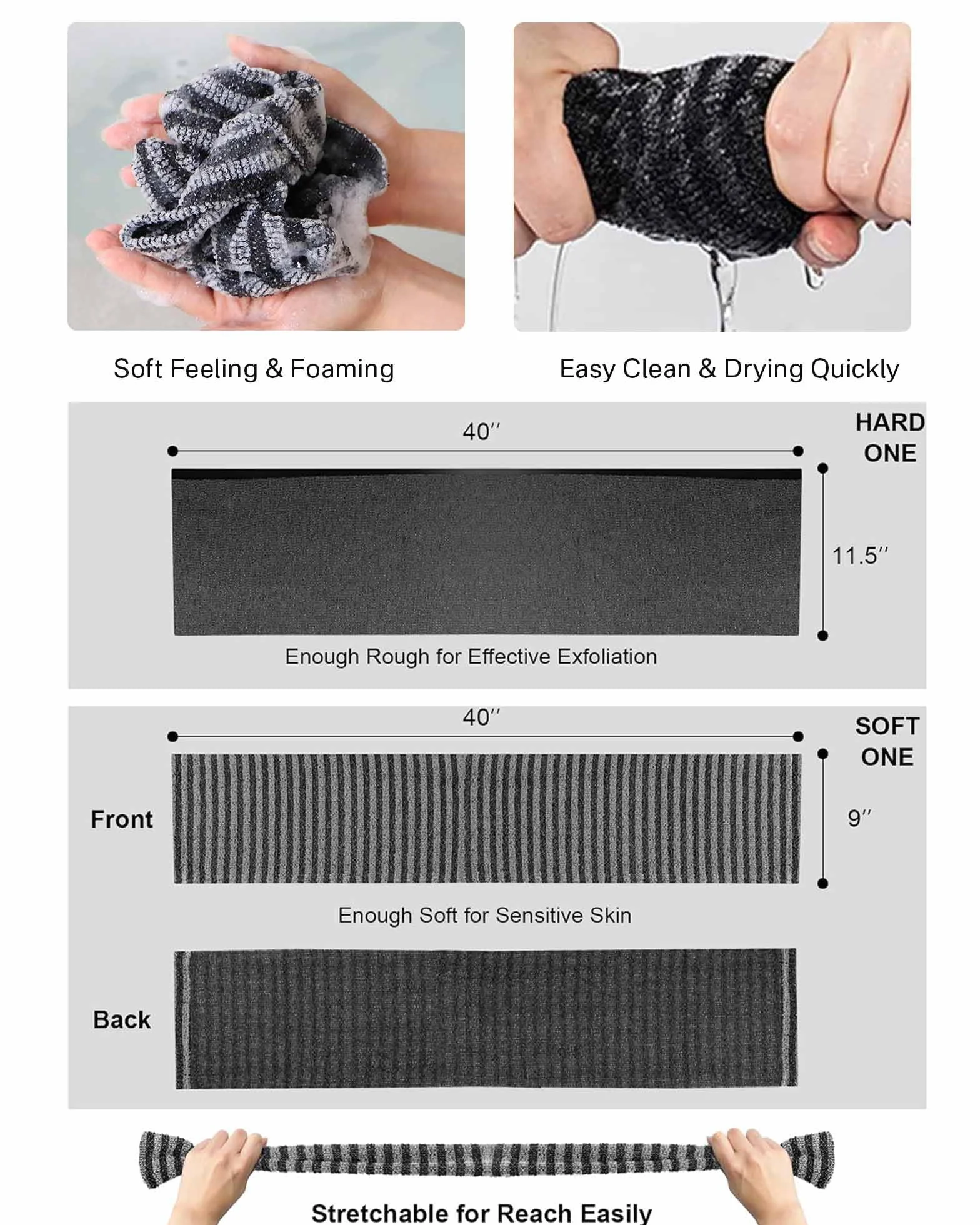 Yiclick Lot de 2 débarbouillettes exfoliantes – Éponge de lavage en luffa pour le corps – Brosse douce pour le dos
