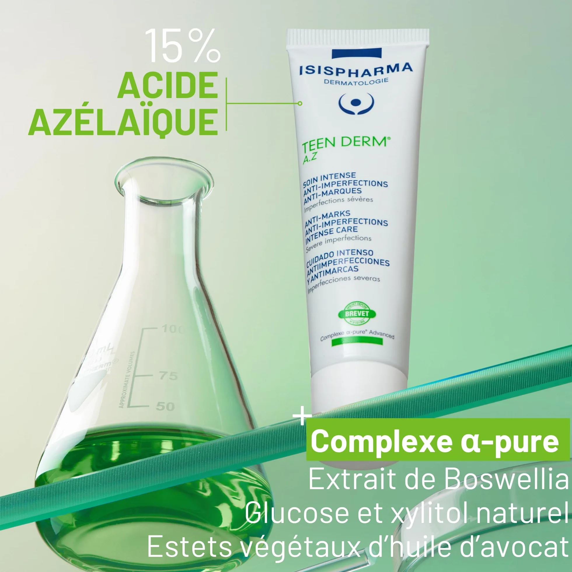 ISISPHARMA TEEN DERM A.Z Soin Triple Action Anti-Imperfections Peaux Mixtes à Grasses 15% Acide Azélaïque Fabrication Française