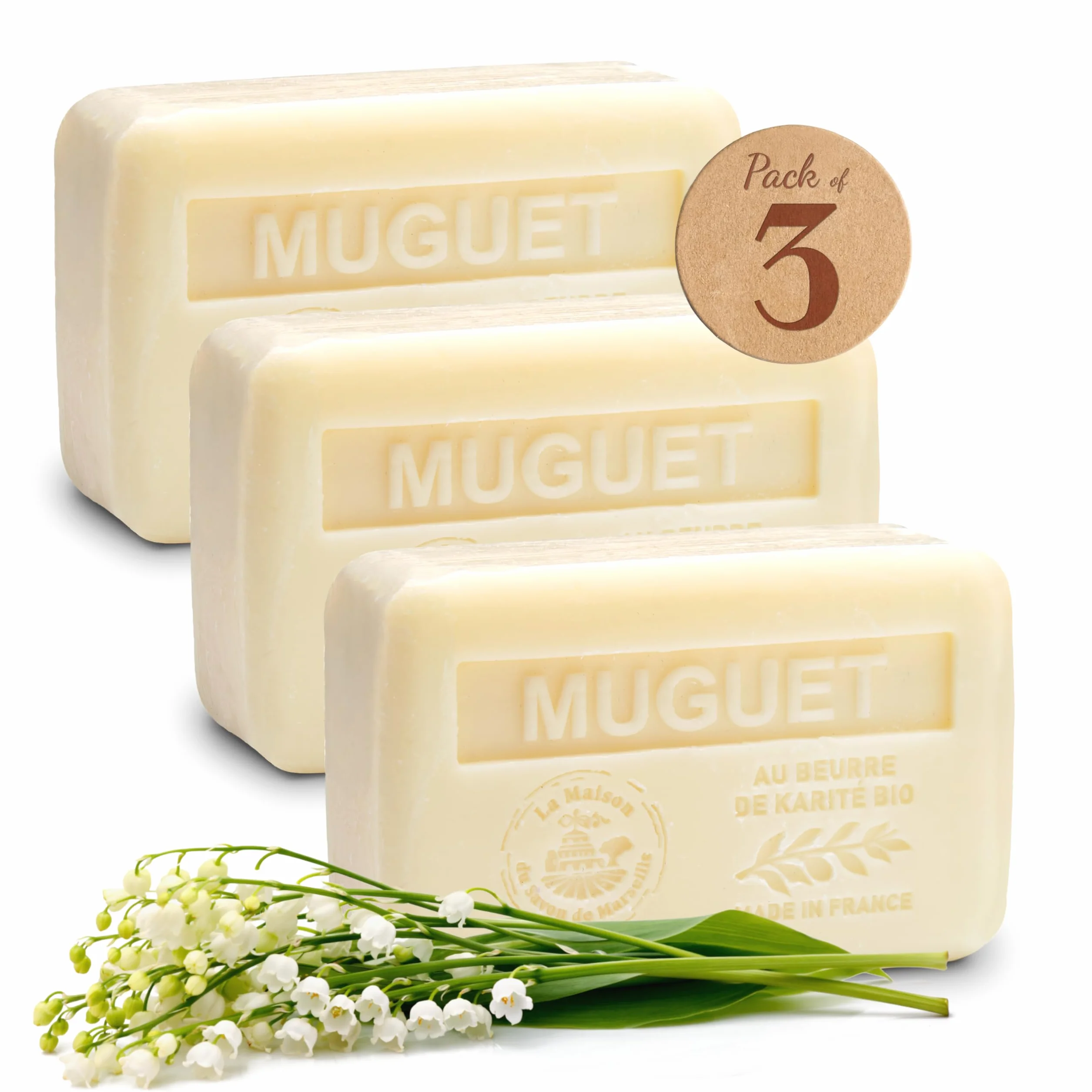 Savon Solide Karité Muguet Lot de 3x250g Enrichi Beurre de Karité Bio Fabriqué en Provence 97% Végétal