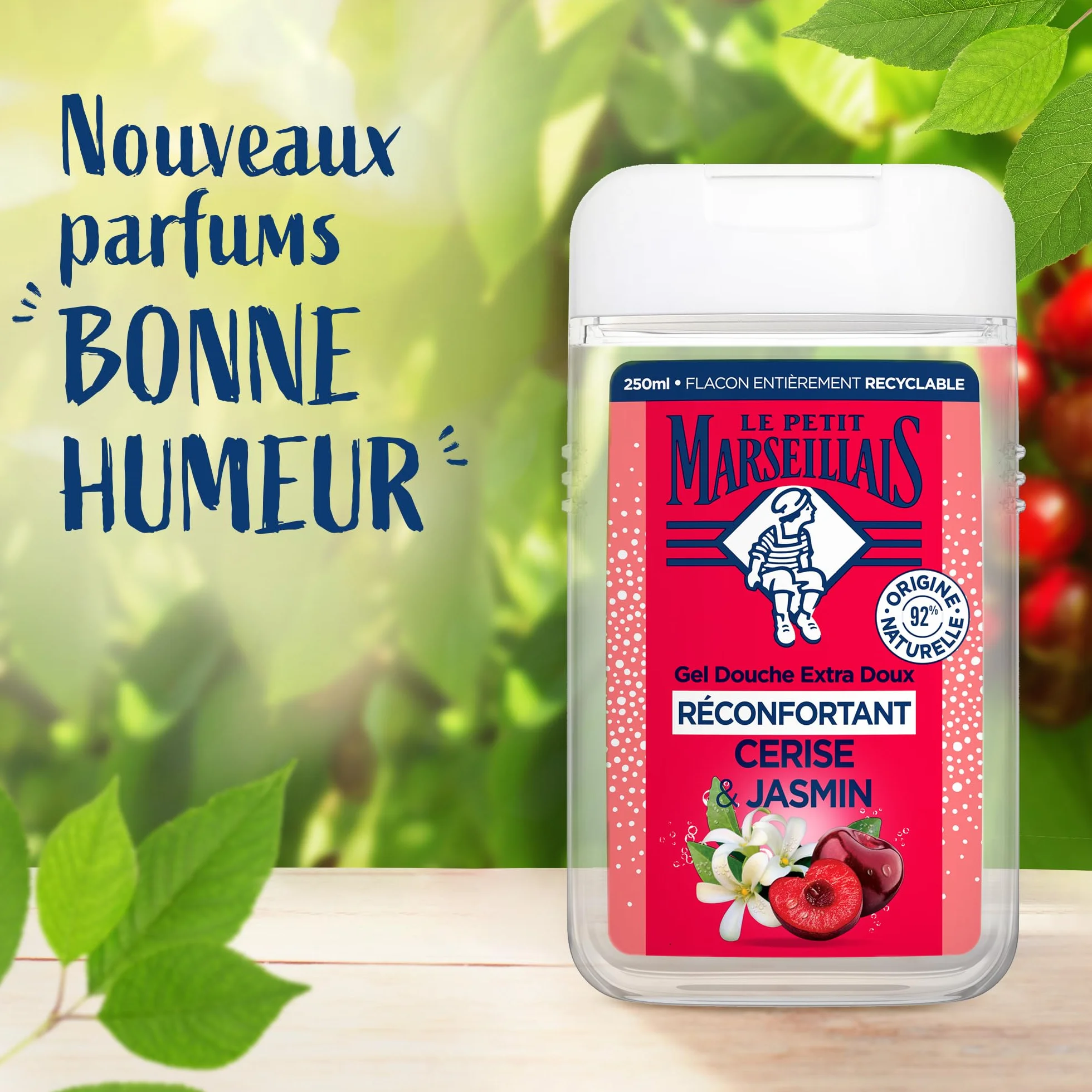 Le Petit Marseillais Gel Douche Extra Doux Réconfortant Cerise & Jasmin 250 ml – 92% Ingrédients Naturels pH Neutre
