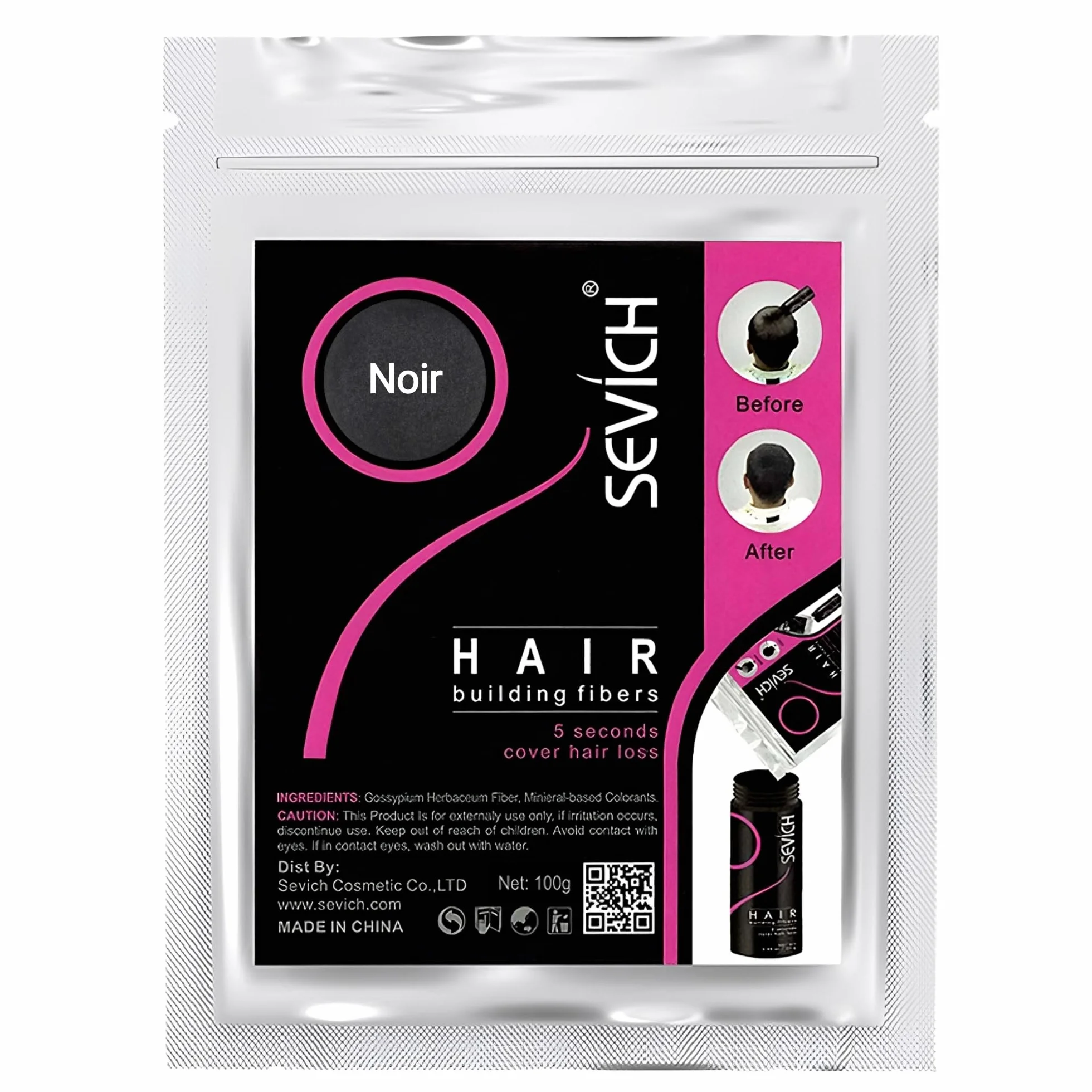 Sac de Recharge Fibre Capillaire Noir 100g - Cache le Perte de Cheveux - Poudre de Microfibre de Coton 100% Naturel pour Hommes et Femmes