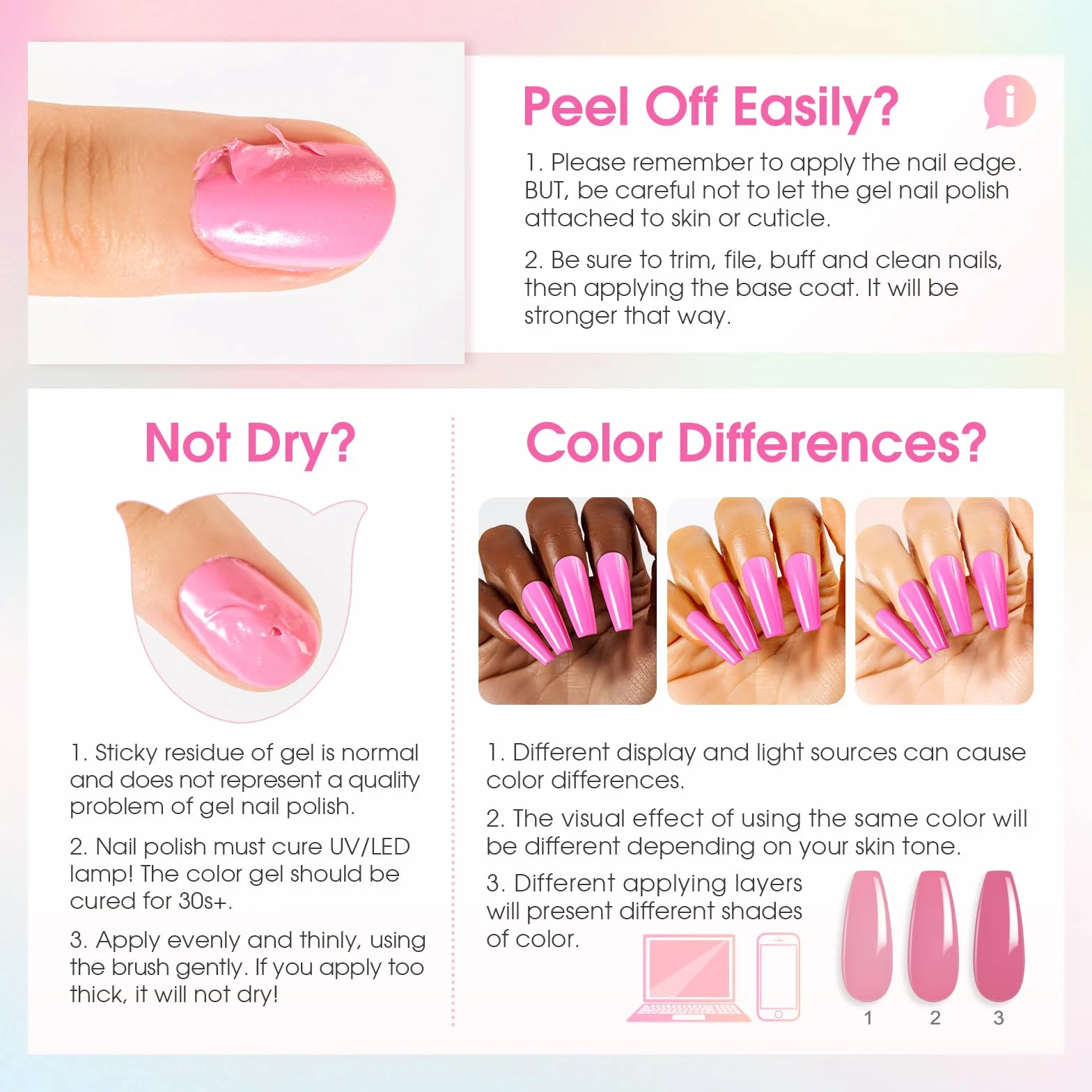 ROSALIND Vernis Semi Permanent 48 Pièces Kit Manucure UV LED Couleurs Gel Blanc Rose Pourpre Jaune Orange Rouge Bleu Gris Vert Marron Noir