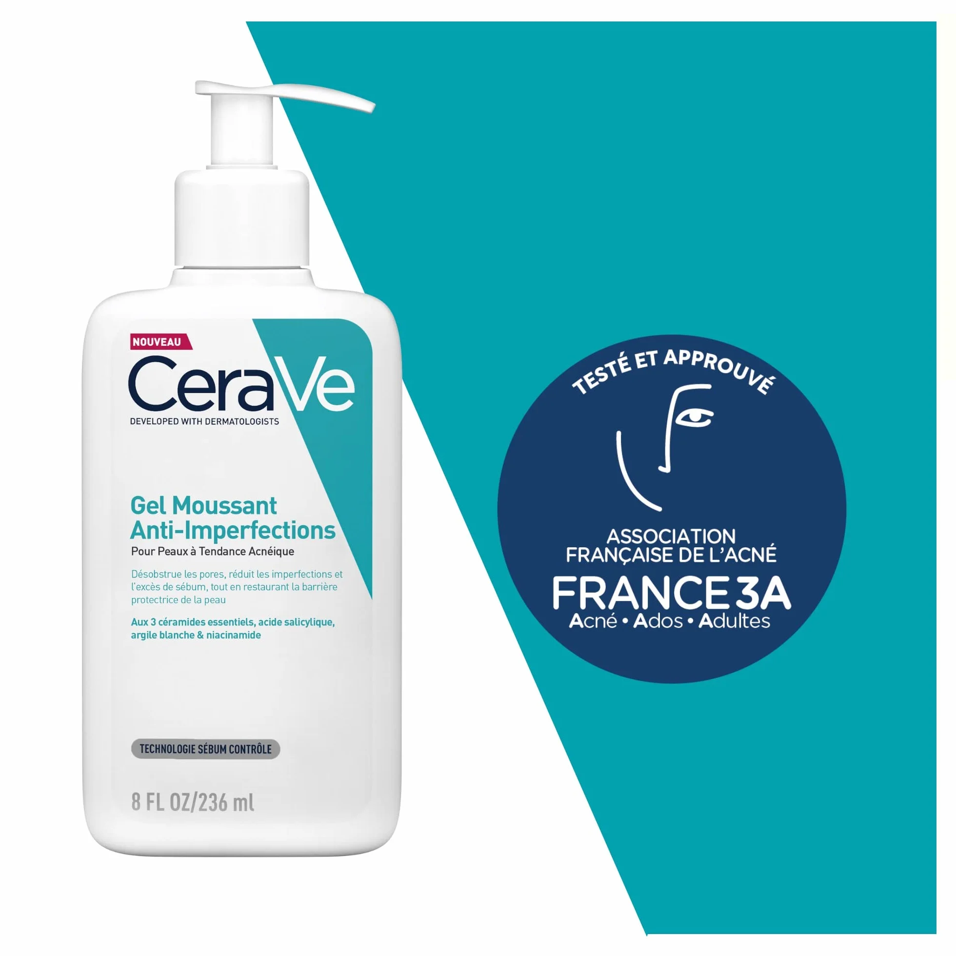 CeraVe Gel Moussant Anti-Imperfections Acide Salicylique Argile Blanche Céramides Niacinamide Peau Acnéique