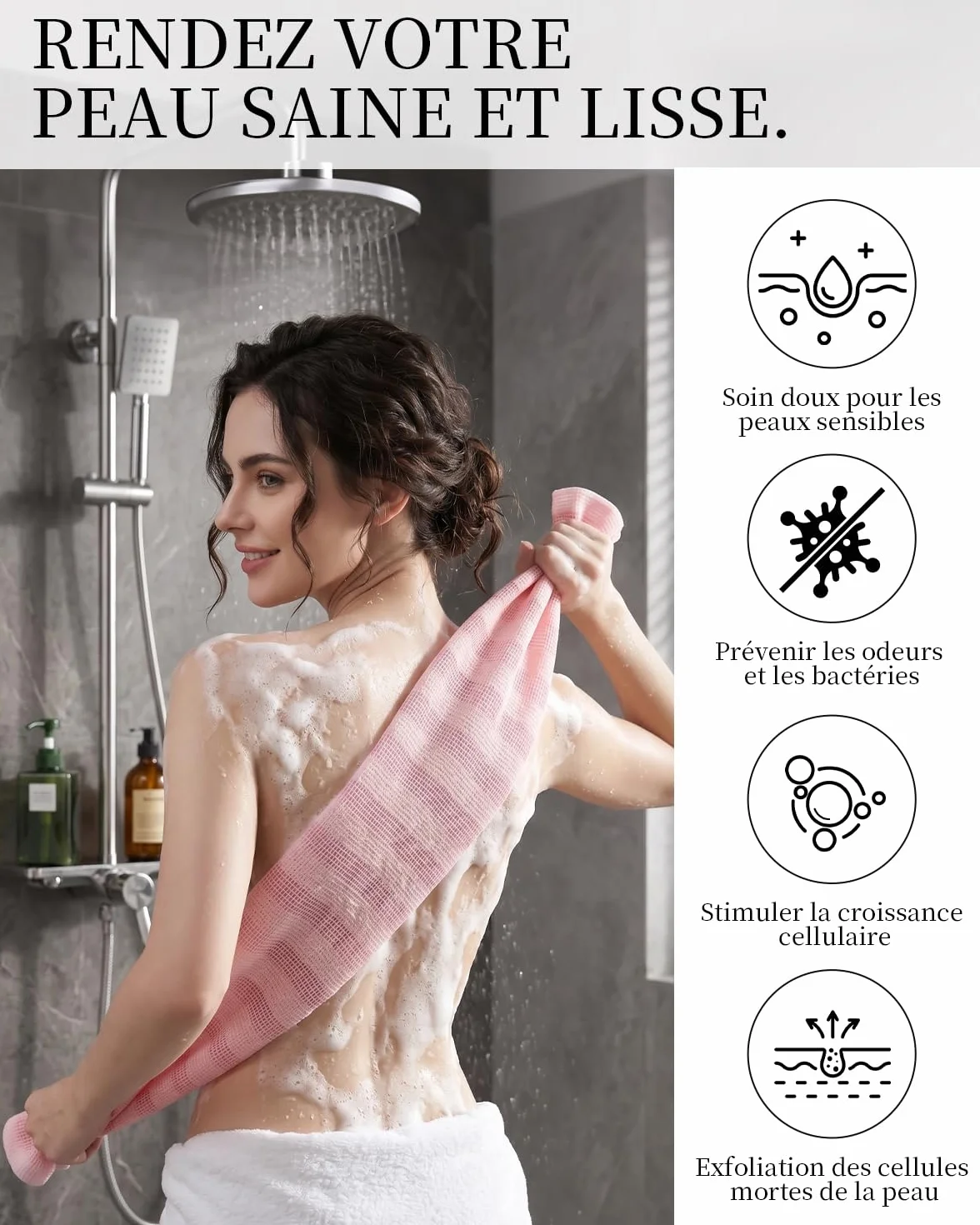 Serviette Exfoliante Japonaise Lot de 2, Exfoliation Douce du Corps, Séchage Rapide, Accessoire Bain Peaux Sensibles (Noir)