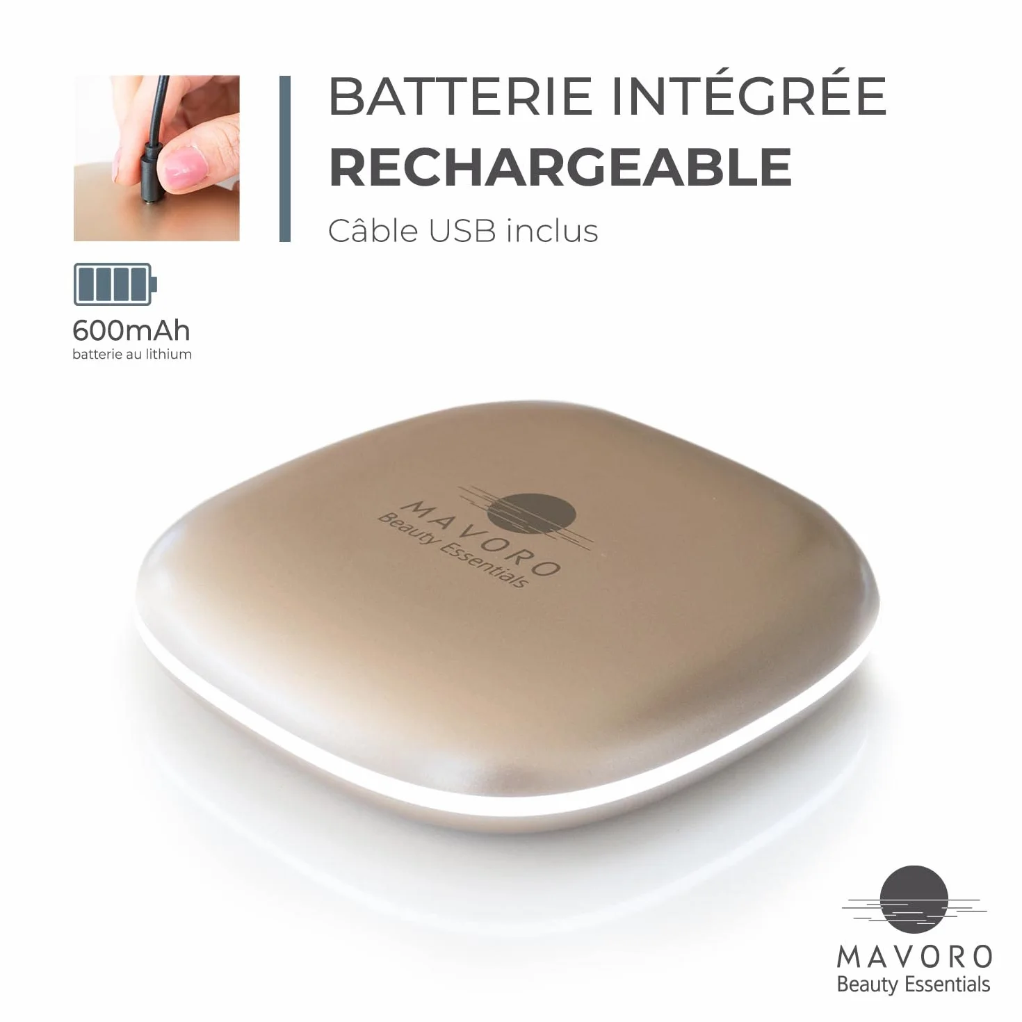Miroir de Maquillage de Voyage Éclairé LED Rechargeable 1X/10X Lumière Diurne Capteur Tactile USB Or Champagne