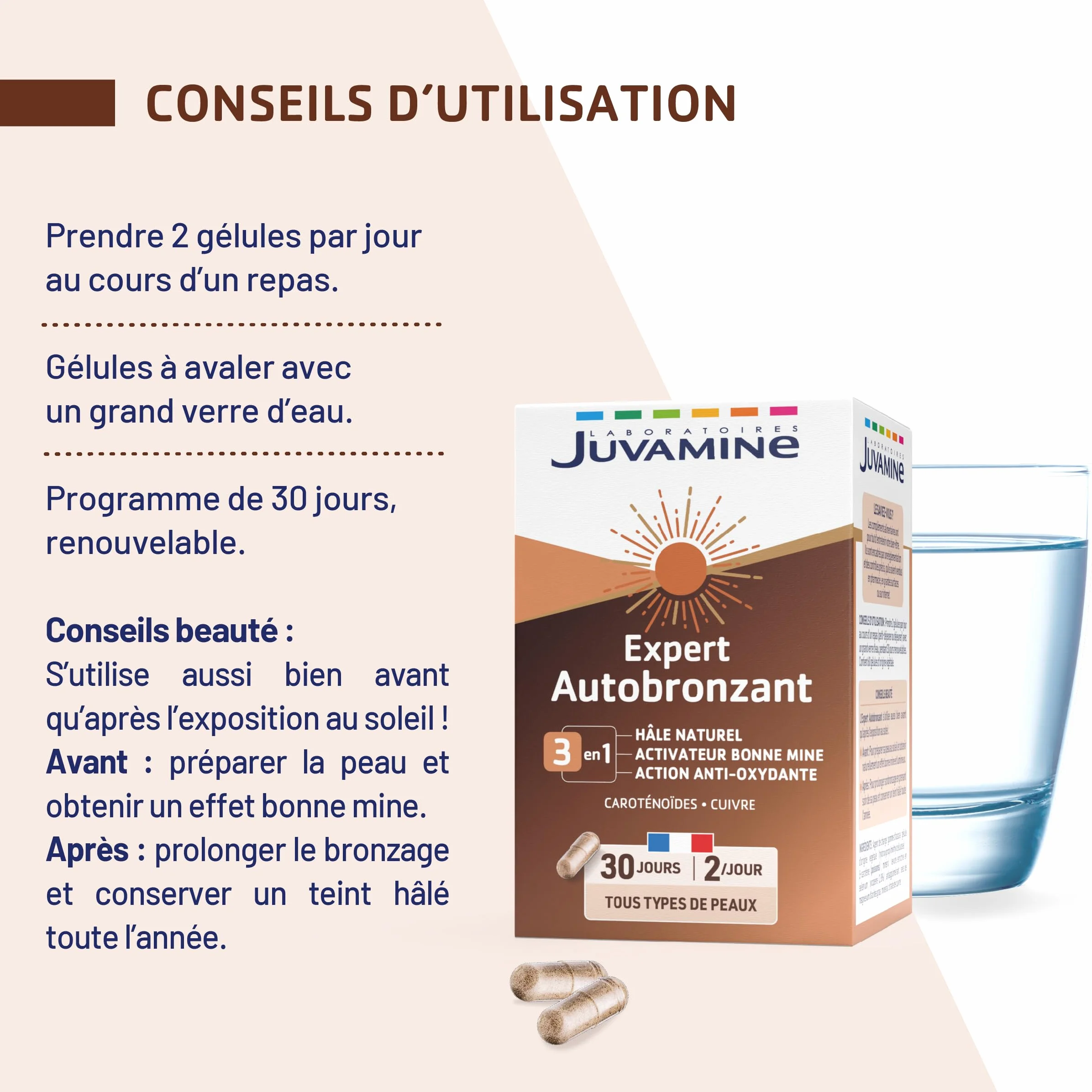 JUVAMINE Expert Autobronzant 3 en 1, 60 gélules, Programme 30 jours, Fabriqué en France