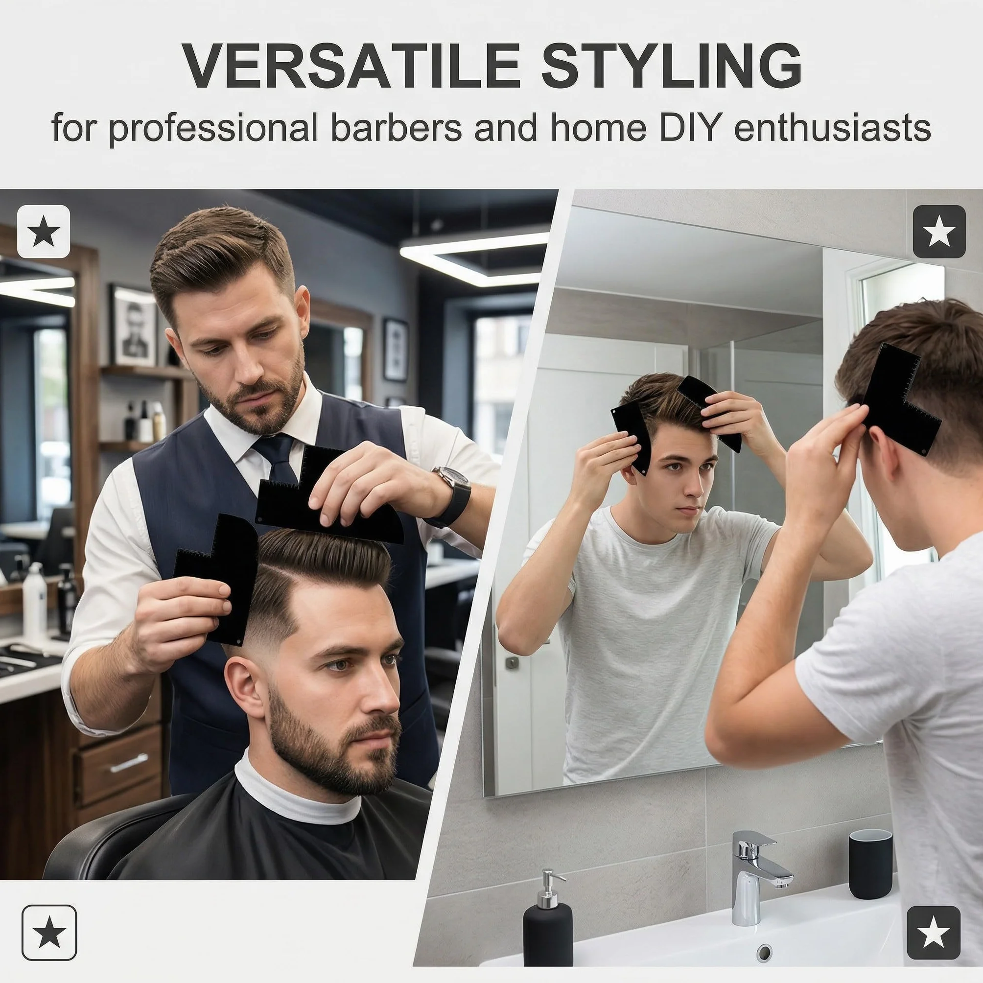 3 Pièces Cartes d'Amélioration Barbier avec Indicateurs Mesure, Barber Tools, 3 Formes Outil Mise en Forme Ligne Capillaire Gabarit Barbe Noir Outils Bordure en Spray Réutilisables pour Hommes