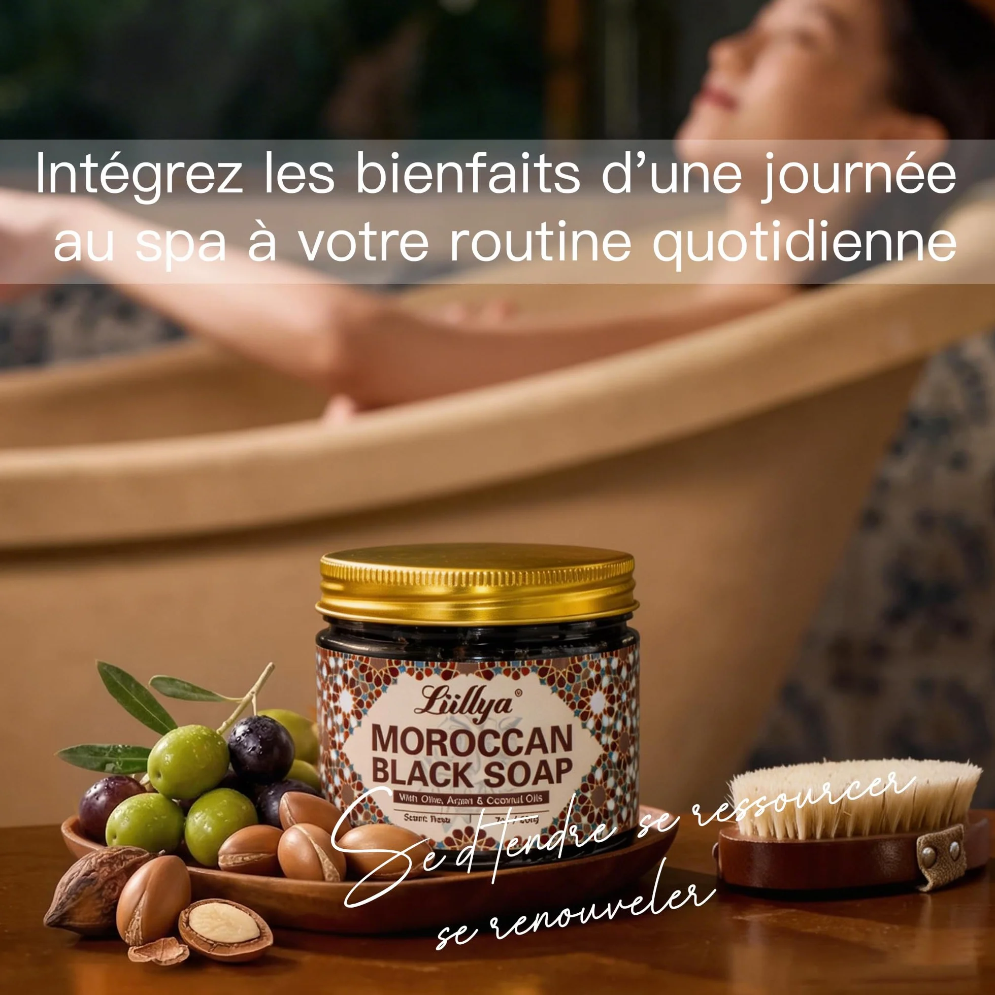 Savon Noir Corps Marocain à l'Huile d'Olive, Argan, Coco & Rose, Beldi Traditionnel Kessa Hammam, Gommage Exfoliant Hydratant, 200g