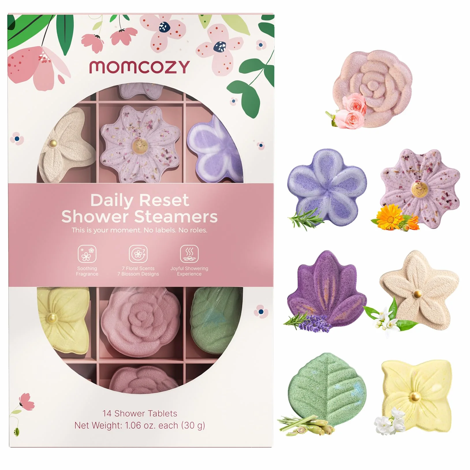 Momcozy Lot de 14 Bombes de Douche Aromathérapie 7 Parfums Floraux Expérience Spa à Domicile Idée Cadeau Formule Douce