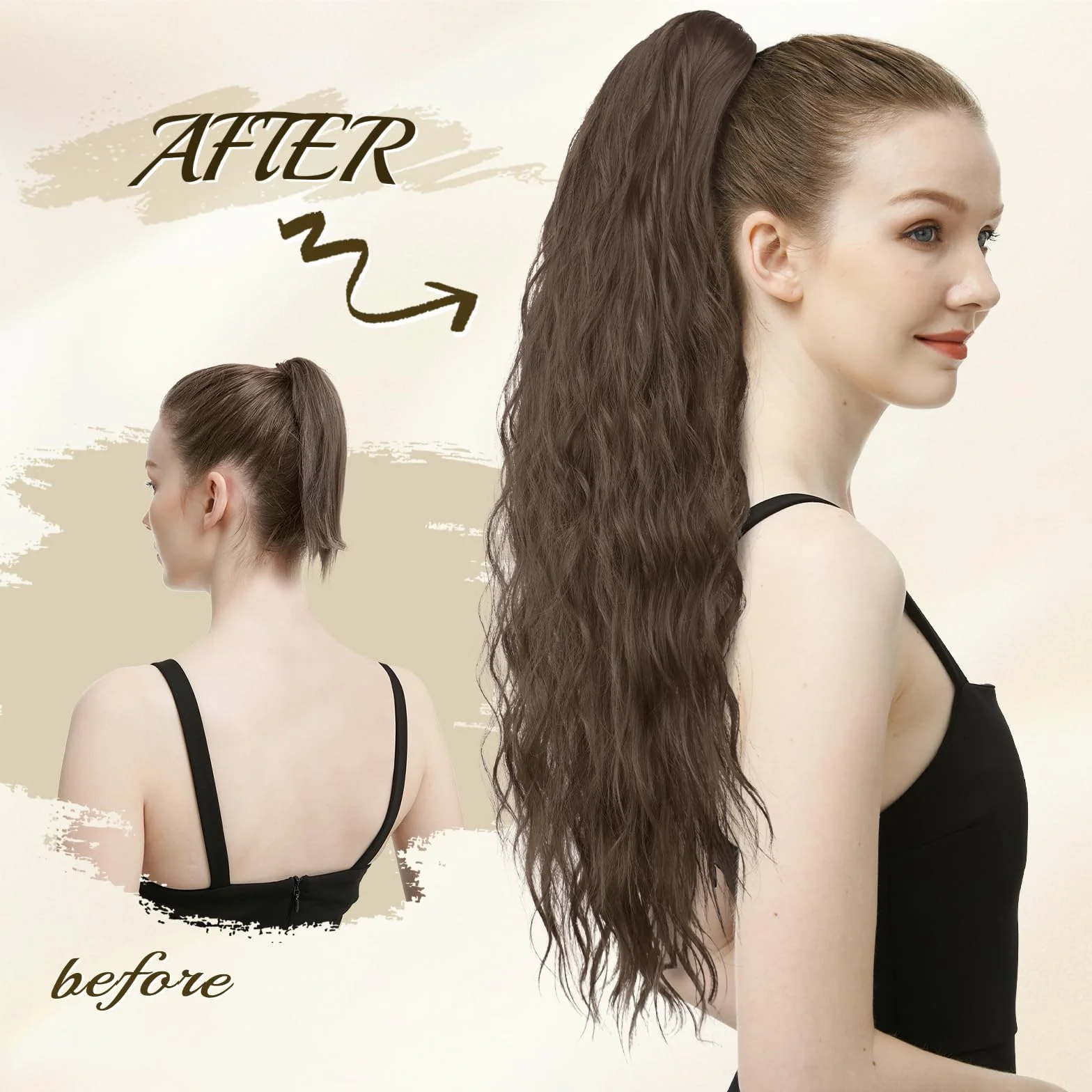 FESHFEN Ponytail Cheveux Naturel Pince Ponytails Extensions Longue Bouclée Ondulée Postiche Queue de Cheval Extension Blond Miel Mélangé Brun Clair Synthétique Rajout Cheveux pour Femmes 75 cm