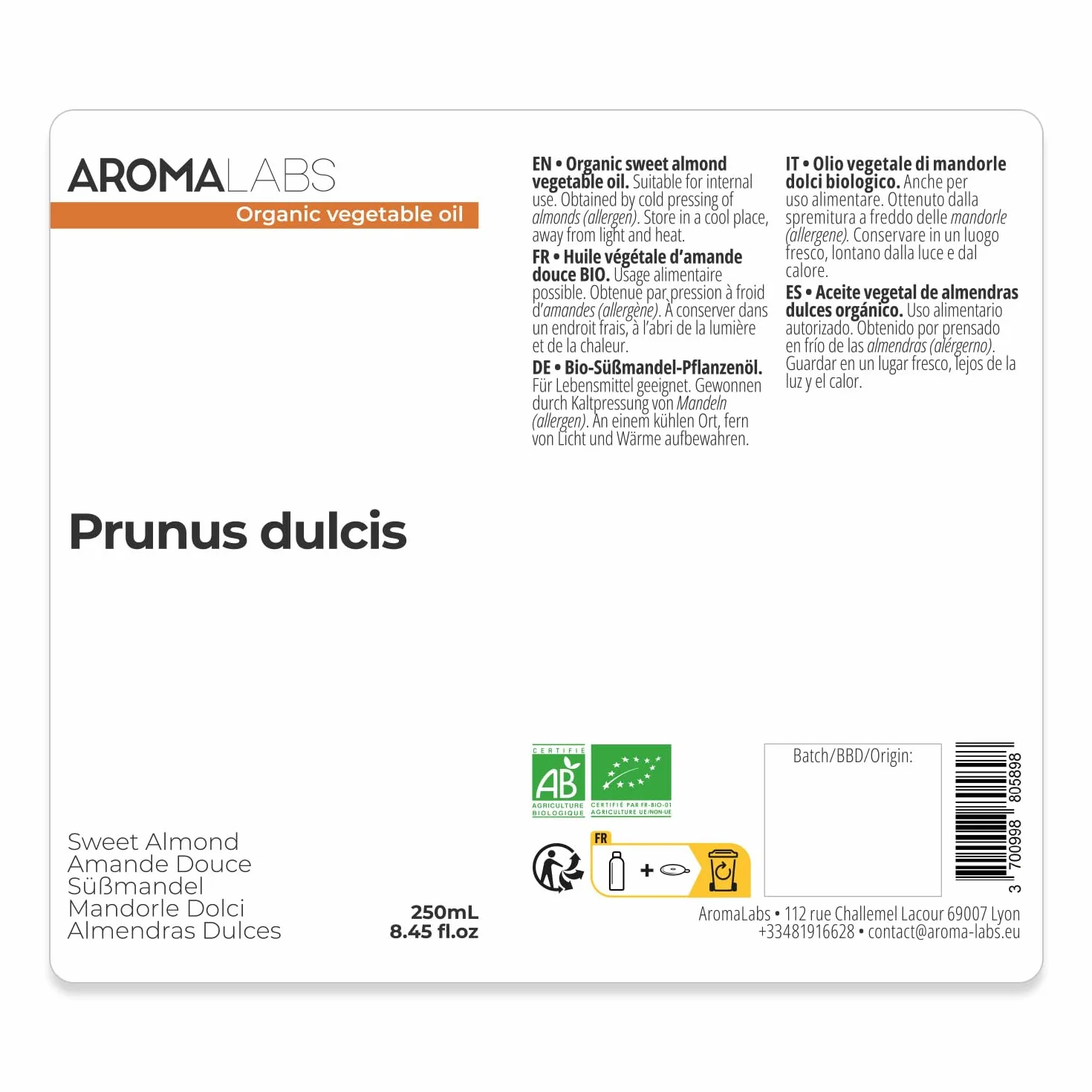 Huile Végétale Amande Douce BIO Aroma Labs 250 mL Certifiée AB
