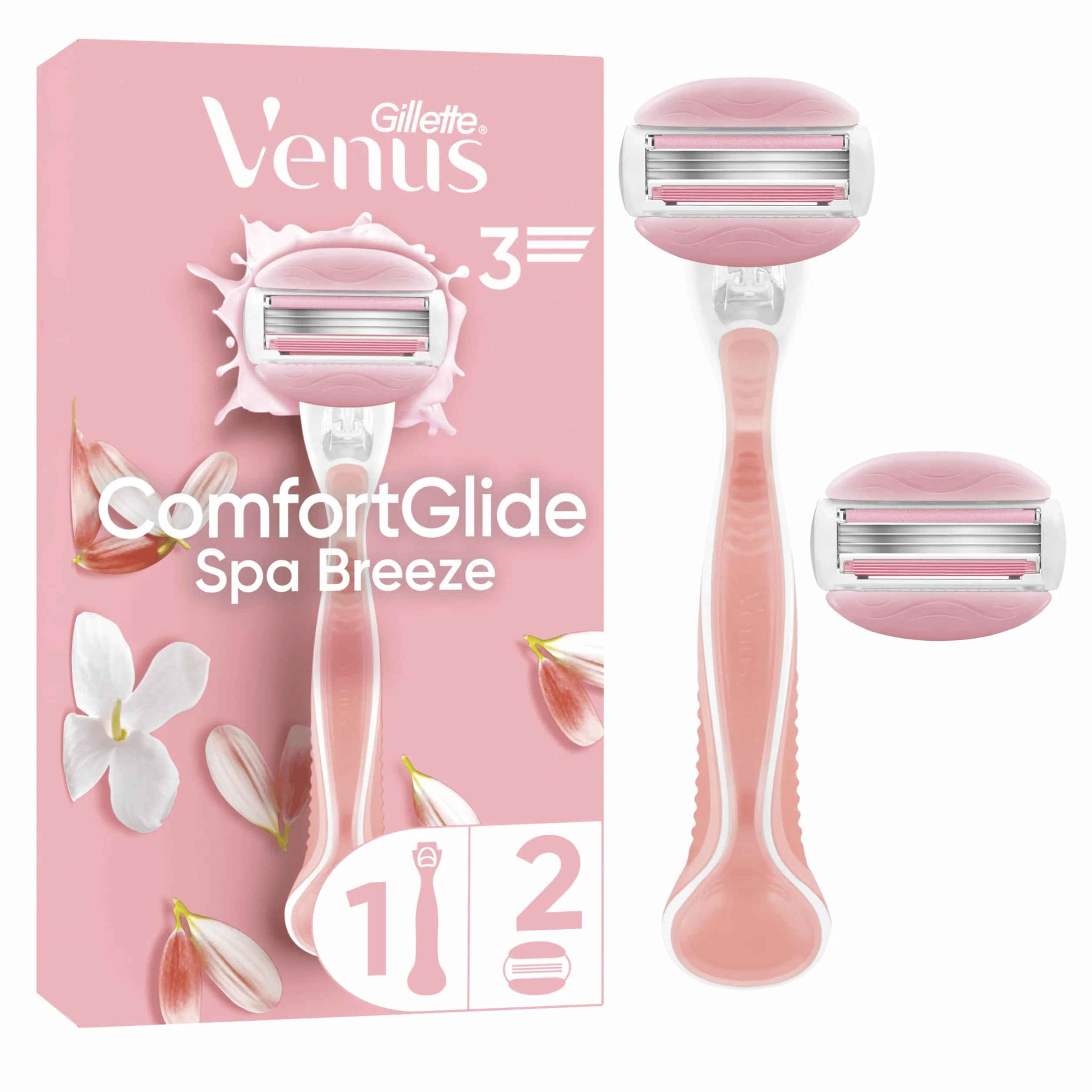 Gillette Venus Rasoir Femme ComfortGlide Spa Breeze 2 Recharges Rose Manche Réutilisable Cartouche 3 Lames Acier Inoxydable Barres Parfum Thé Blanc 2-en-1 Mousse Rase