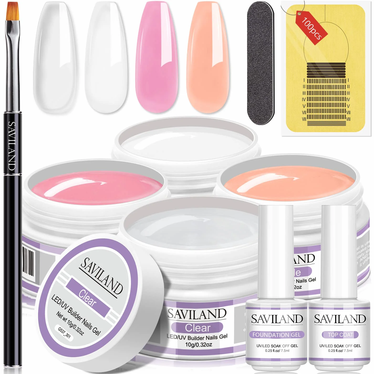 Saviland Gel Construction Ongle U V, 4 Couleurs de Base d'Extension d'Ongles Clair Blanc Nudes Rose, avec Pinceau à Ongles, 100Pcs Chalbon, Top Coat et Base Coat pour Renforce les Ongles Gel