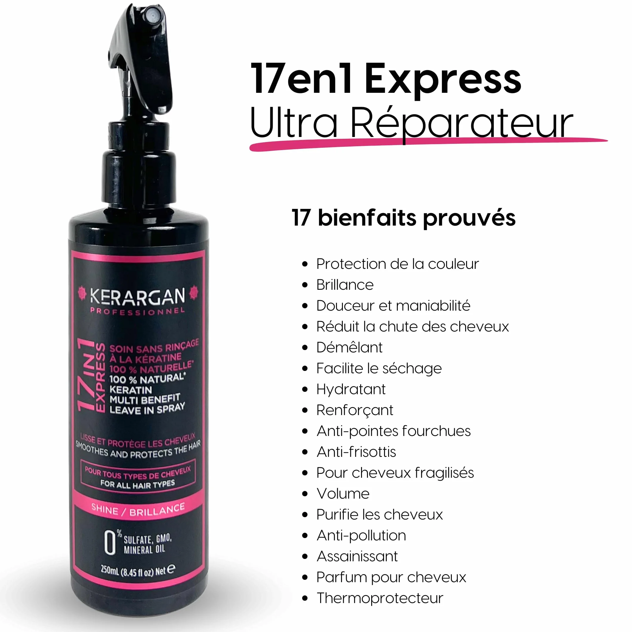Kerargan - Lotion Tonique à la Kératine pour Cheveux Brillants et Renforcés - Hydratant, Démêlant, Thermoprotecteur - Anti-Frisottis et Volume - Sans Sulfate, OGM ni Huiles Minérales - 250ml