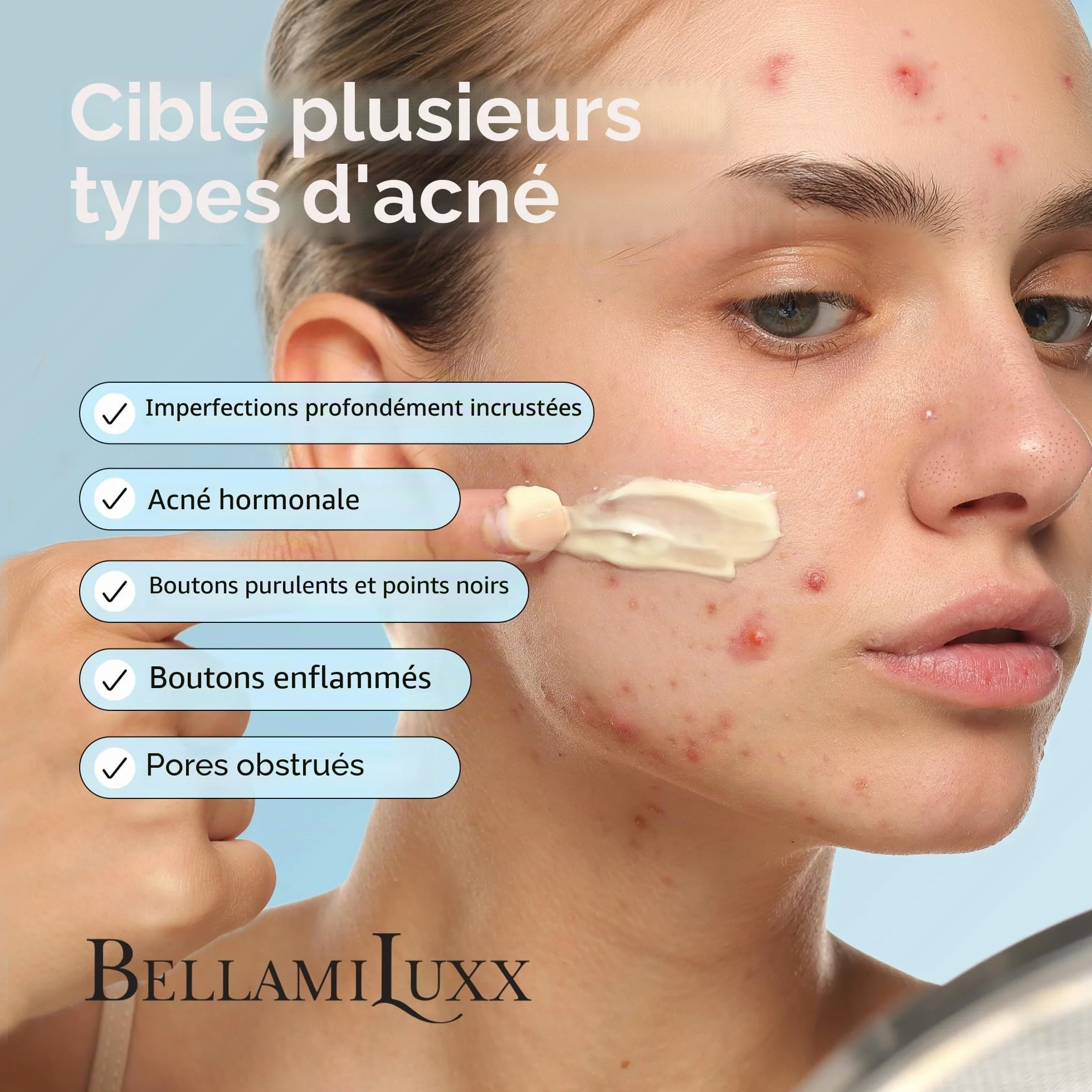 BellamiLuxx Traitement cystique de l'acné pour le visage : crème de traitement de l'acné hormonal pour adolescents et adultes - Acide salicylique et huile d'arbre à thé - Anti-acné hydratant réduit