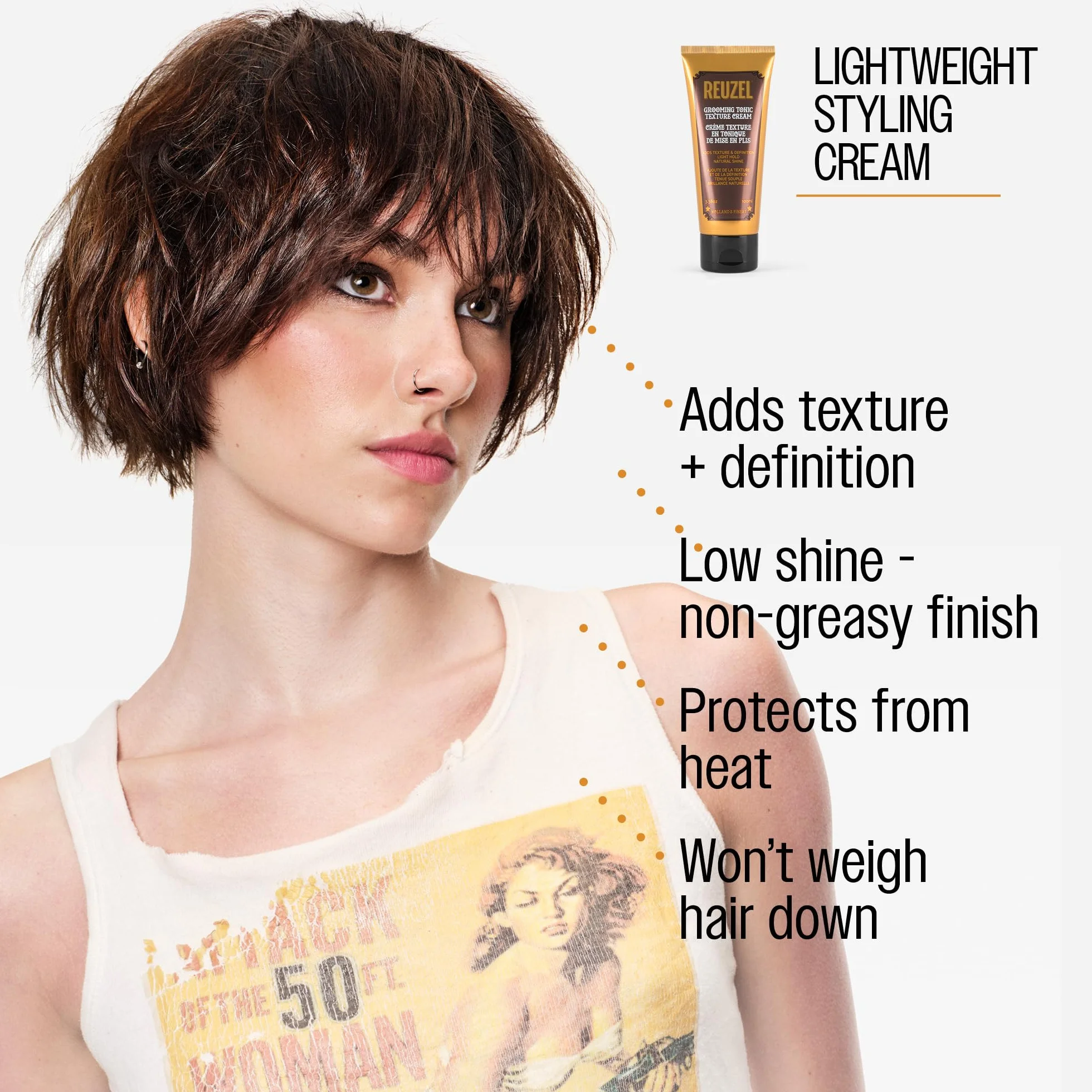Reuzel Grooming Tonic Texture Cream, tenue moyenne et définition, texture bouclée et brillance, protection contre la chaleur pour tous les types de cheveux, 100 ml