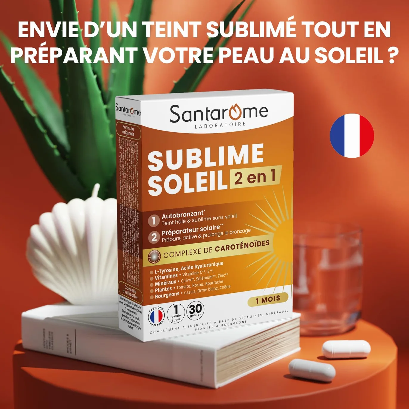 Santarome Bio Sublime Soleil 2 en 1 Autobronzant Préparateur Solaire Complément Alimentaire Solaire Caroténoïdes Plantes 30 gélules