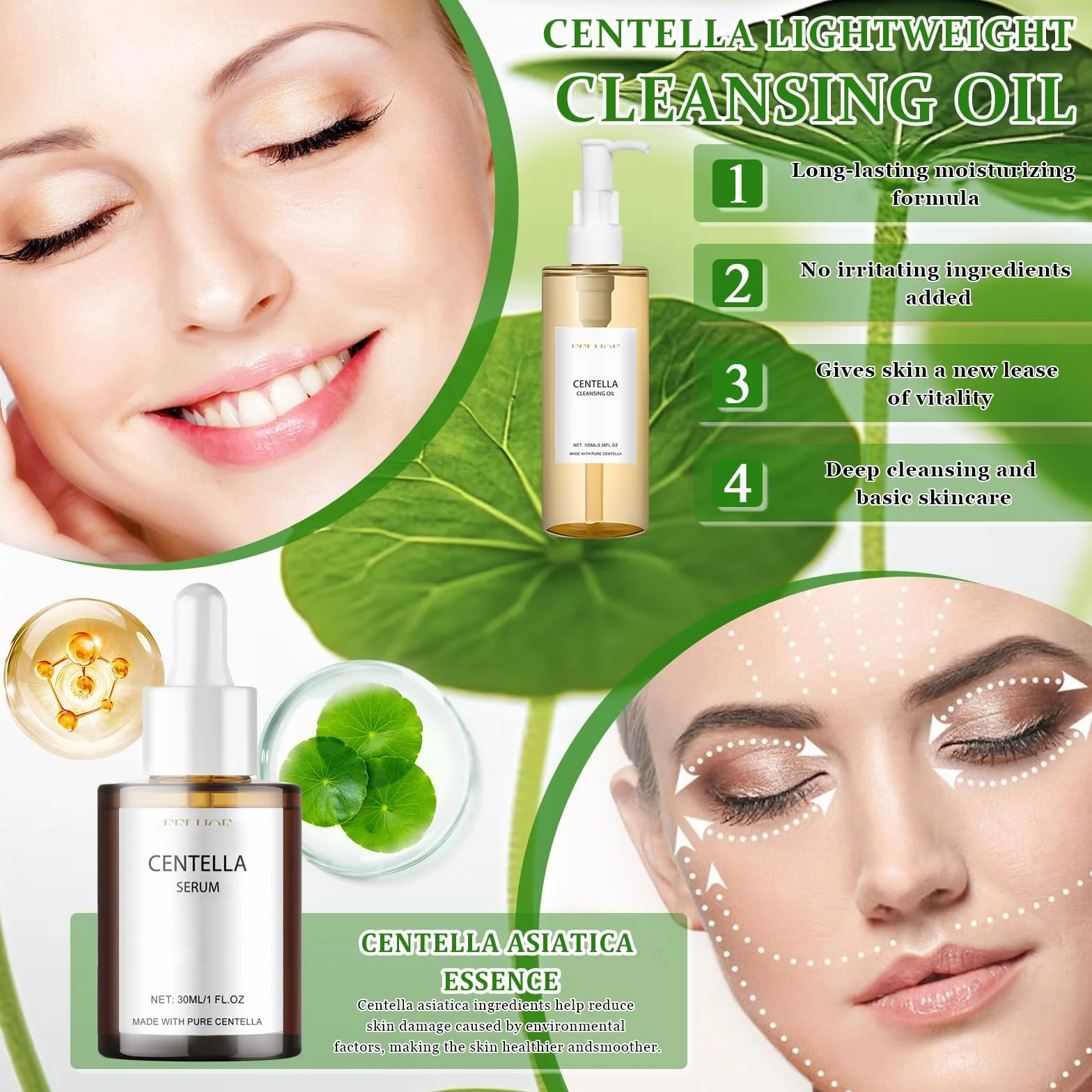 Centella Kit 4 Pièces, Centella Cleansing Oil + Nettoyant Visage + Serum + Stick Mask, Skincare Kit pour Peaux Sensibles
